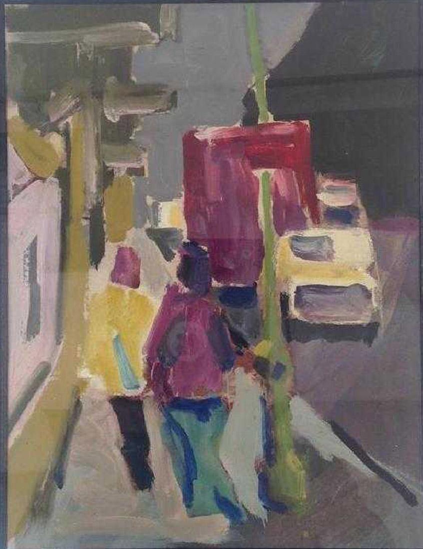 The 1970s oil-on-paper painting illustrates semi-abstractly a street scene with two figures, vehicle and building. Mulberry, yellow and green are the stand-out colors. Cream mat with black liner and gilt wood and black frame. No signature. Wired for