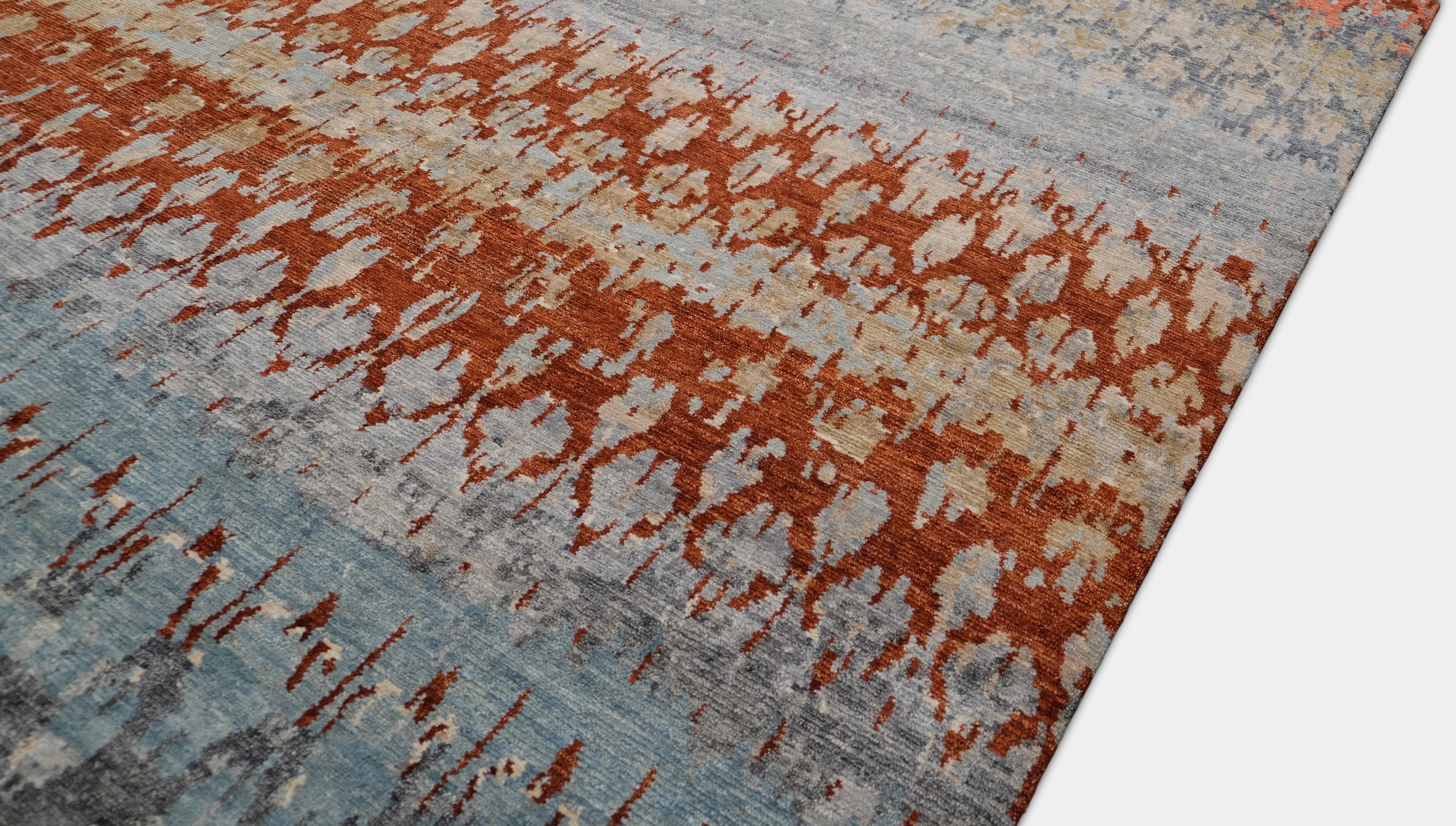 Abstrakt gestreifter bunter Wollteppich mit Muster 9'1''x11'11'' (Moderne) im Angebot
