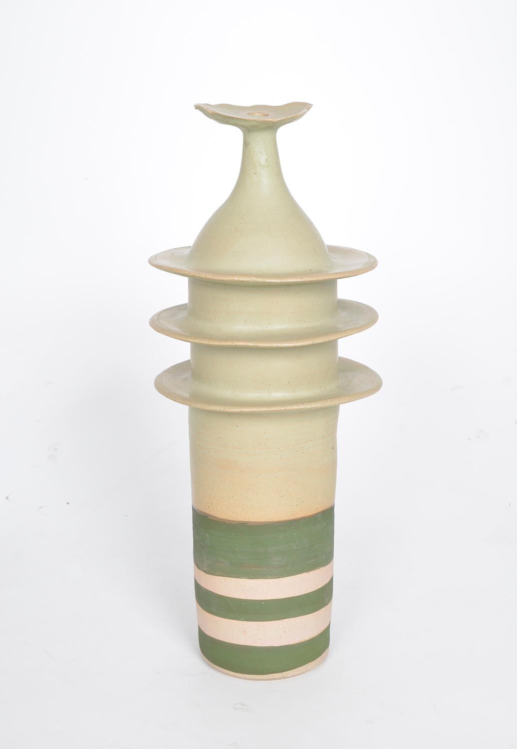 A wonderful three hooped ‘Pagoda Pot’ by Alan Ashpool, tiered forms made from a mixture of thrown and slipcast sections joined together, in an ecru / pale green colourway, with three matt green slip stripes. In very good condition with no chips or