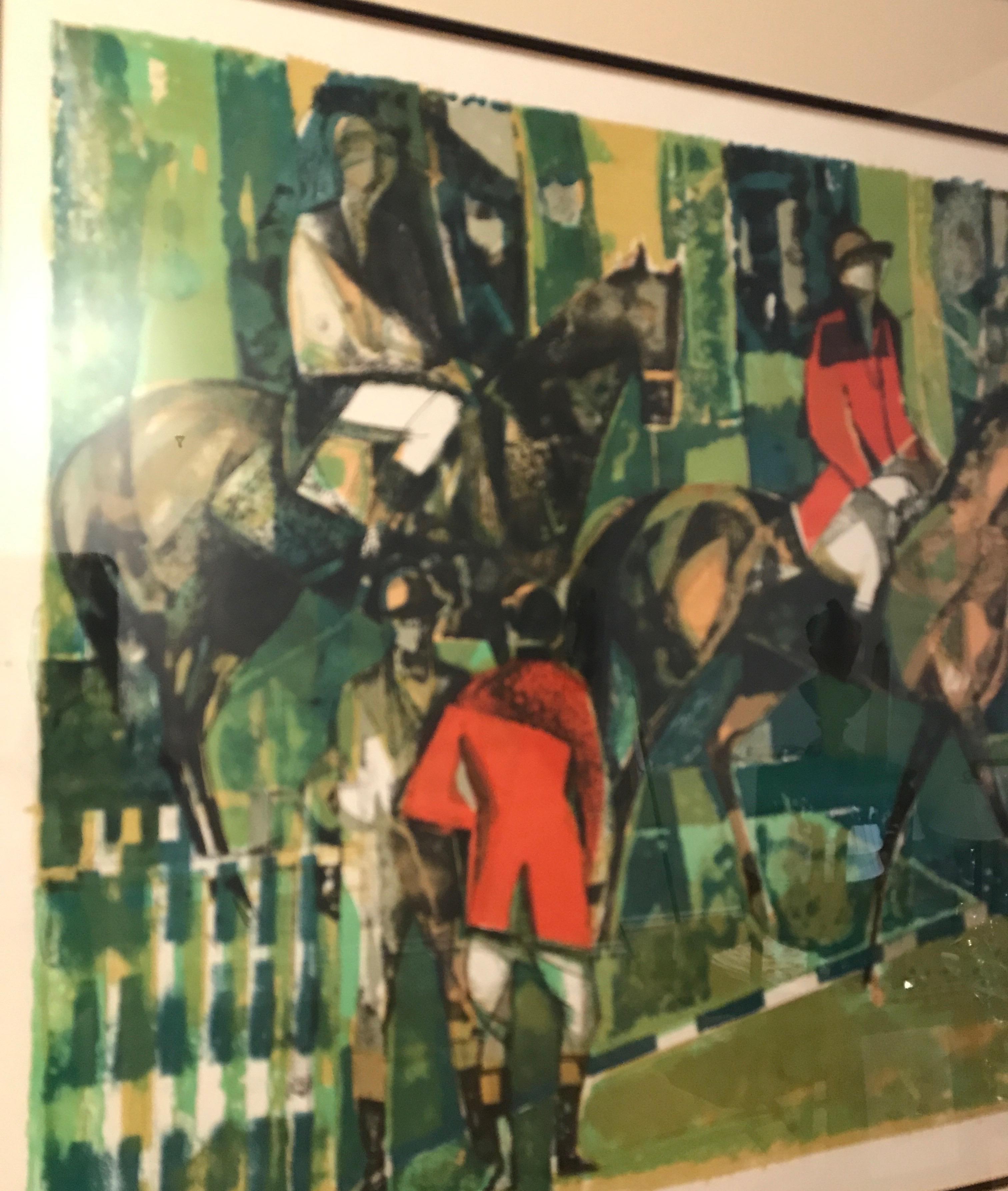 Wonderful equestrian lithograph done in a very contemporary abstract way. Coloration pops.