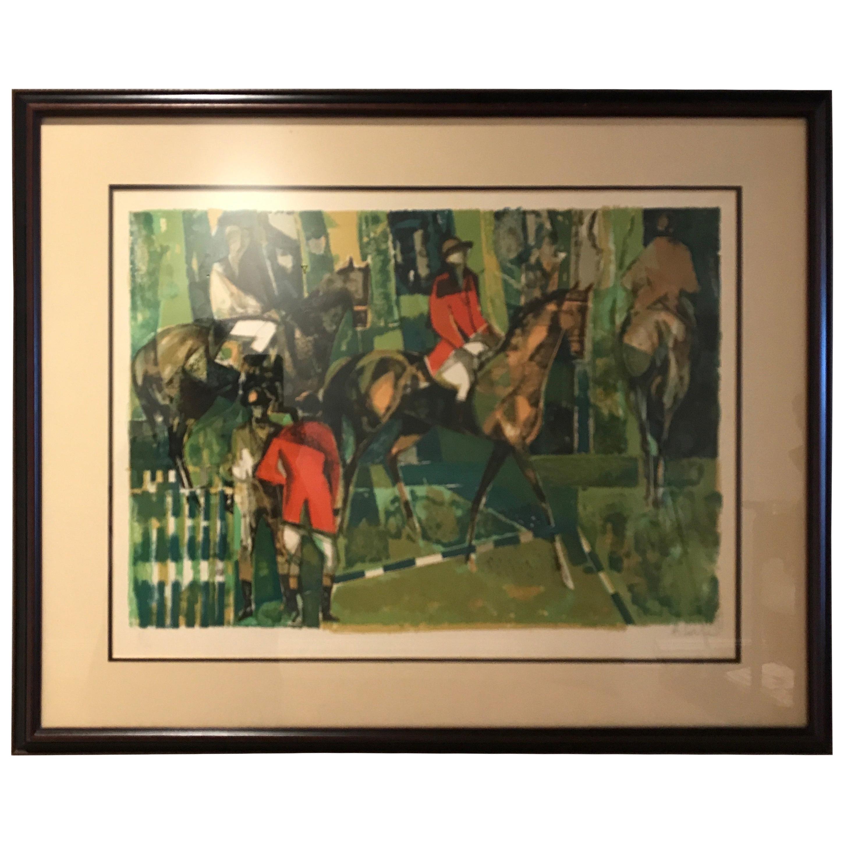 Abstract Style Equestrian Lithograph by Camille Hilaire