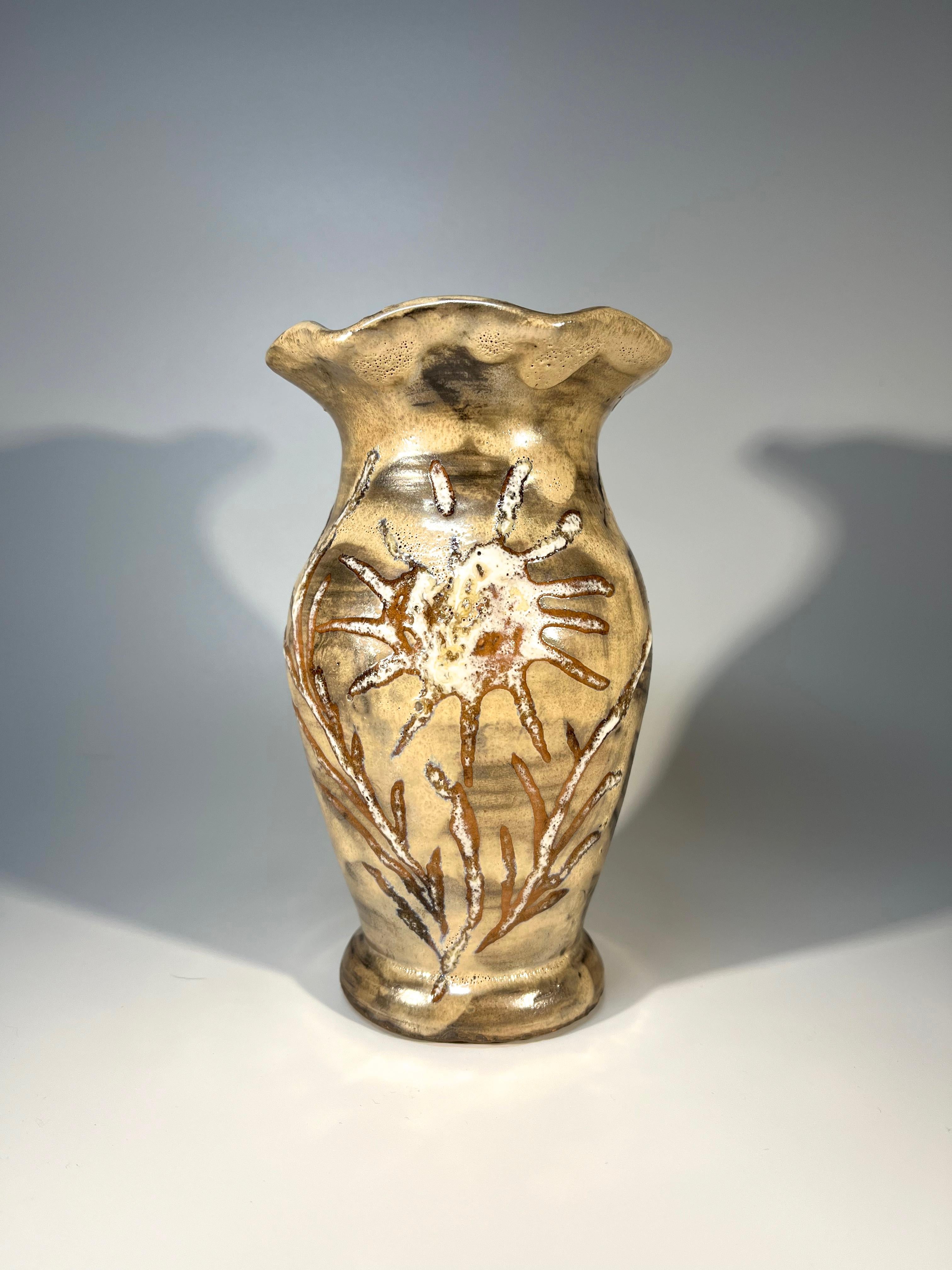Extraordinary lustre glazed ceramic vase from Vallauris, France
Fascinating textures, patterning and artistry
Circa 1970's
Signed Vallauris  to base
Height 6.5 inch, Diameter 4 inch, 
Excellent condition
Wear consistent with age and use