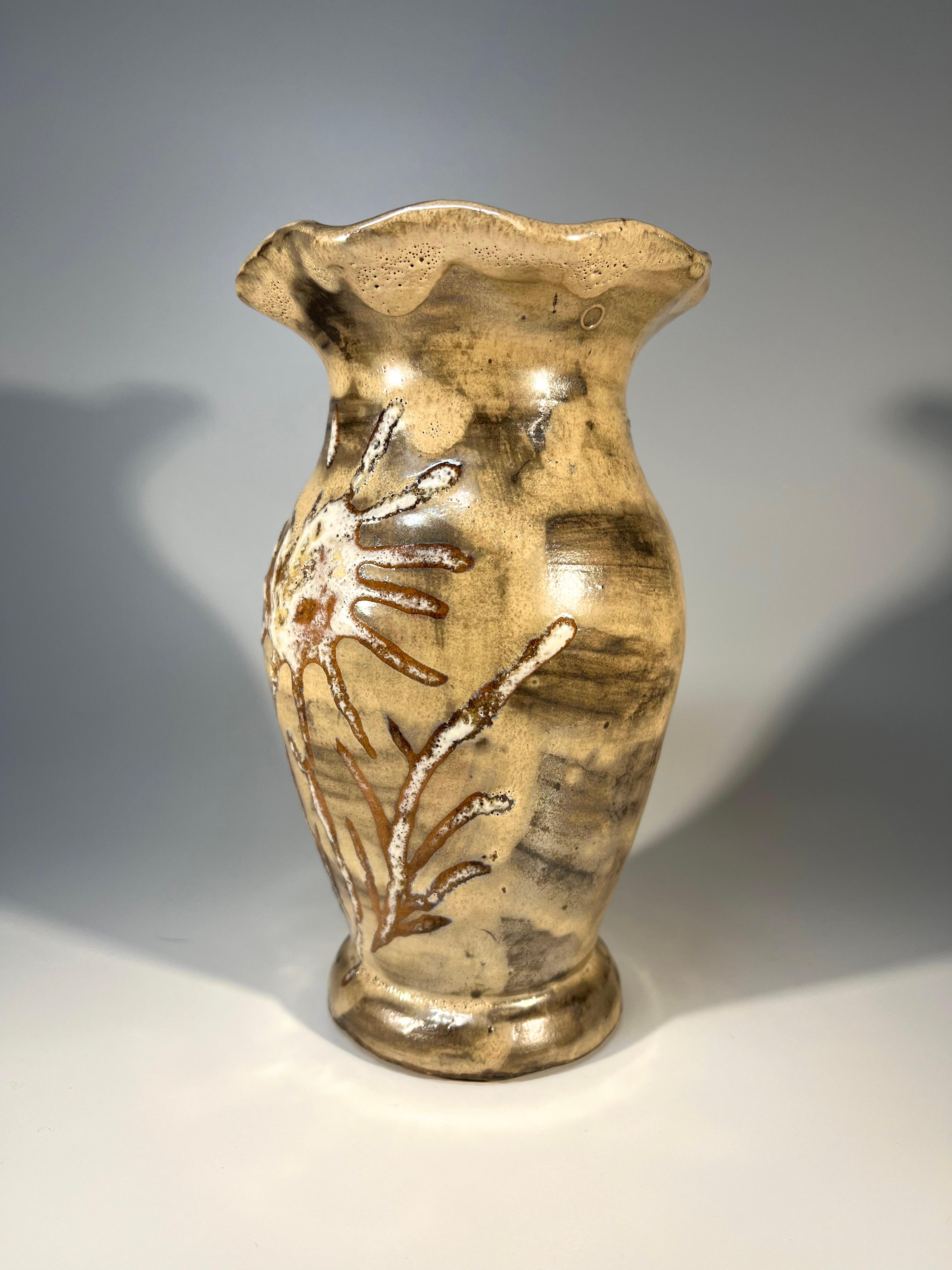 Mid-Century Modern Abstract Sunflower Studio Vase From Vallauris, France - Applied Lustre Glaze  For Sale
