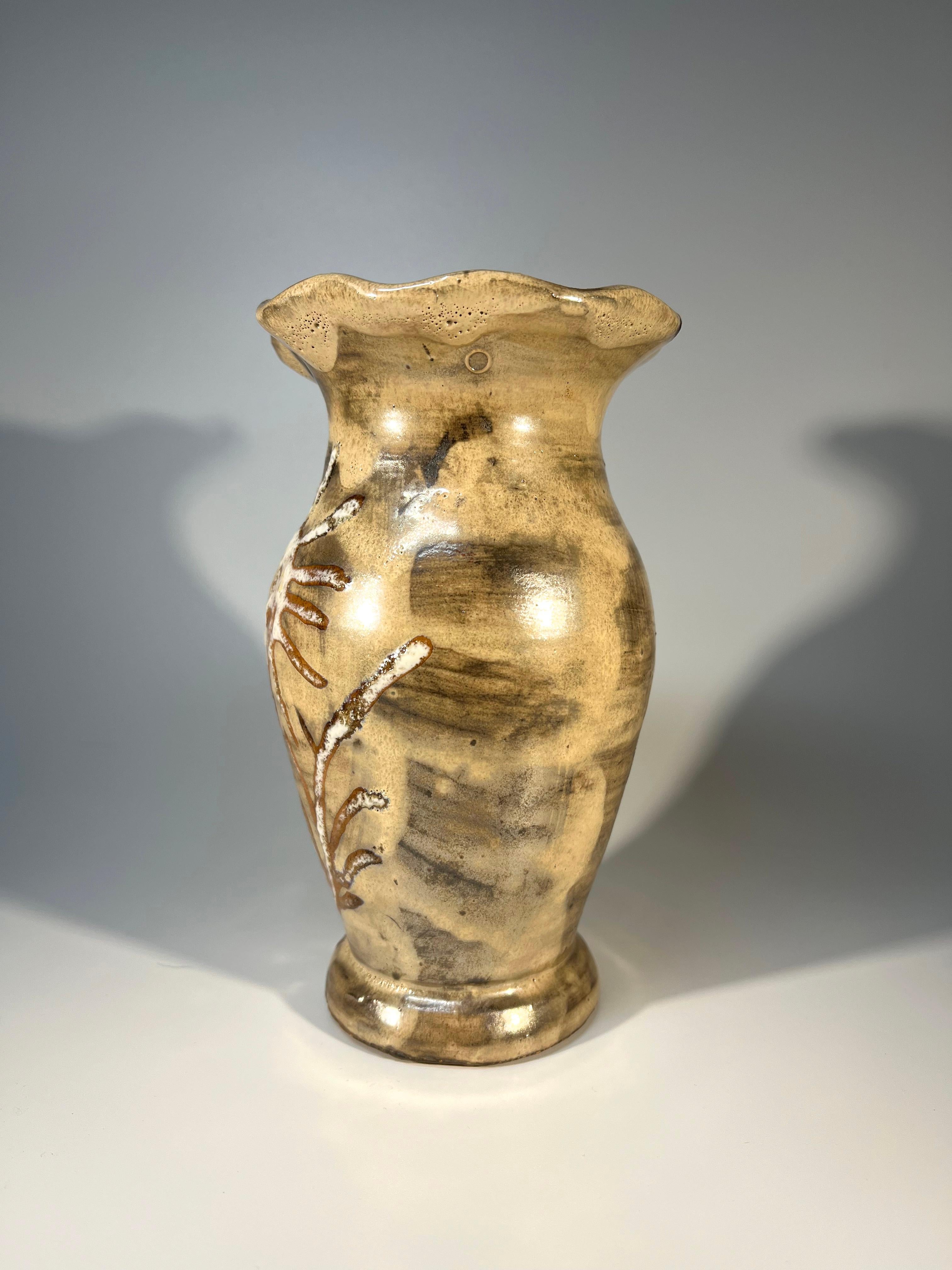 French Abstract Sunflower Studio Vase From Vallauris, France - Applied Lustre Glaze  For Sale