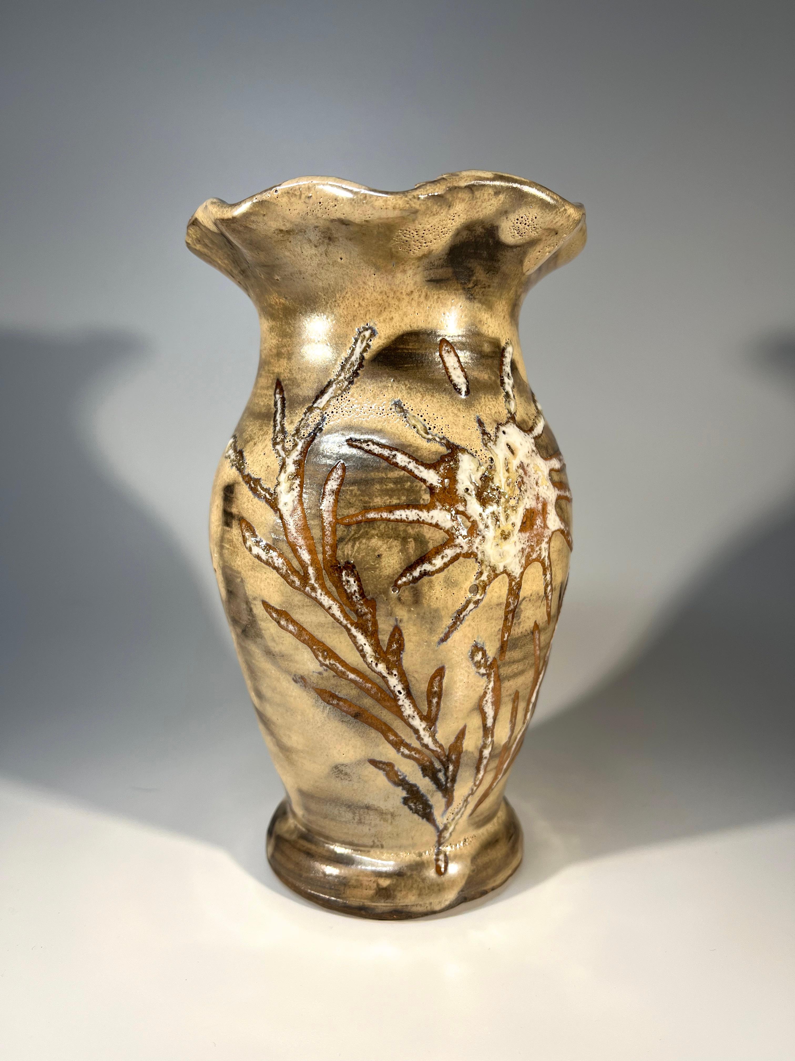 20th Century Abstract Sunflower Studio Vase From Vallauris, France - Applied Lustre Glaze  For Sale