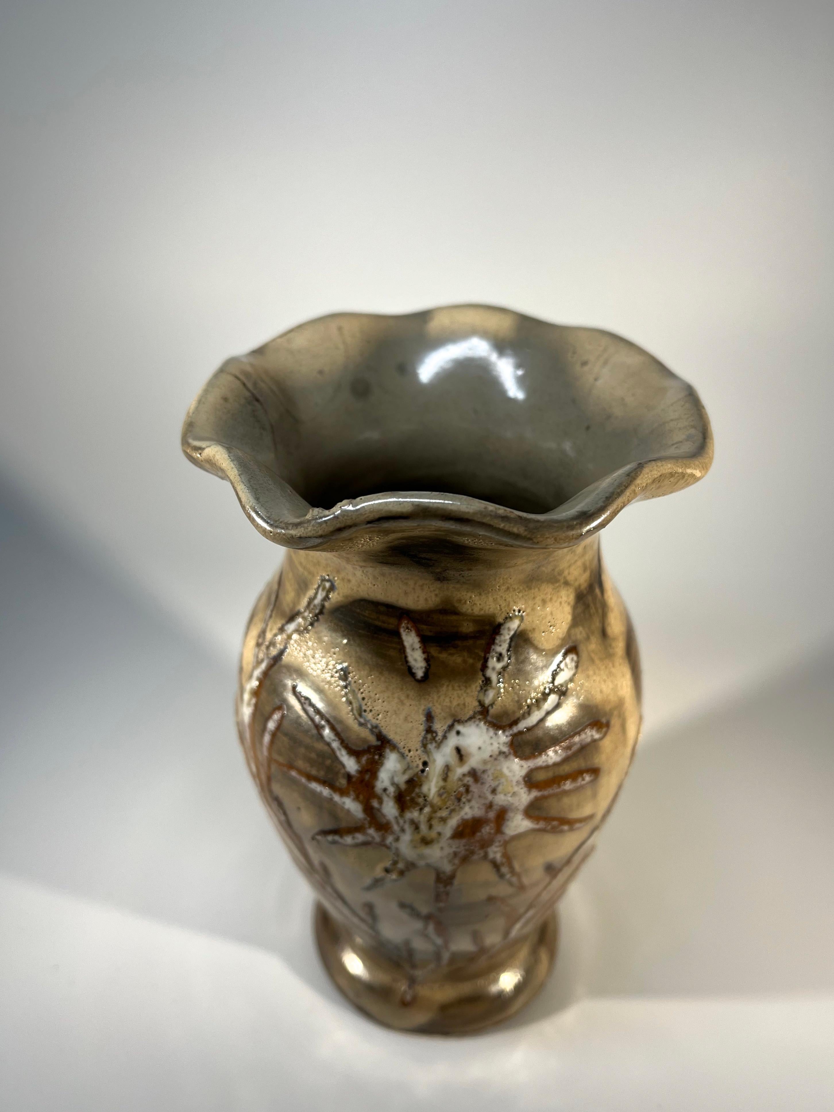 Abstract Sunflower Studio Vase From Vallauris, France - Applied Lustre Glaze  For Sale 1