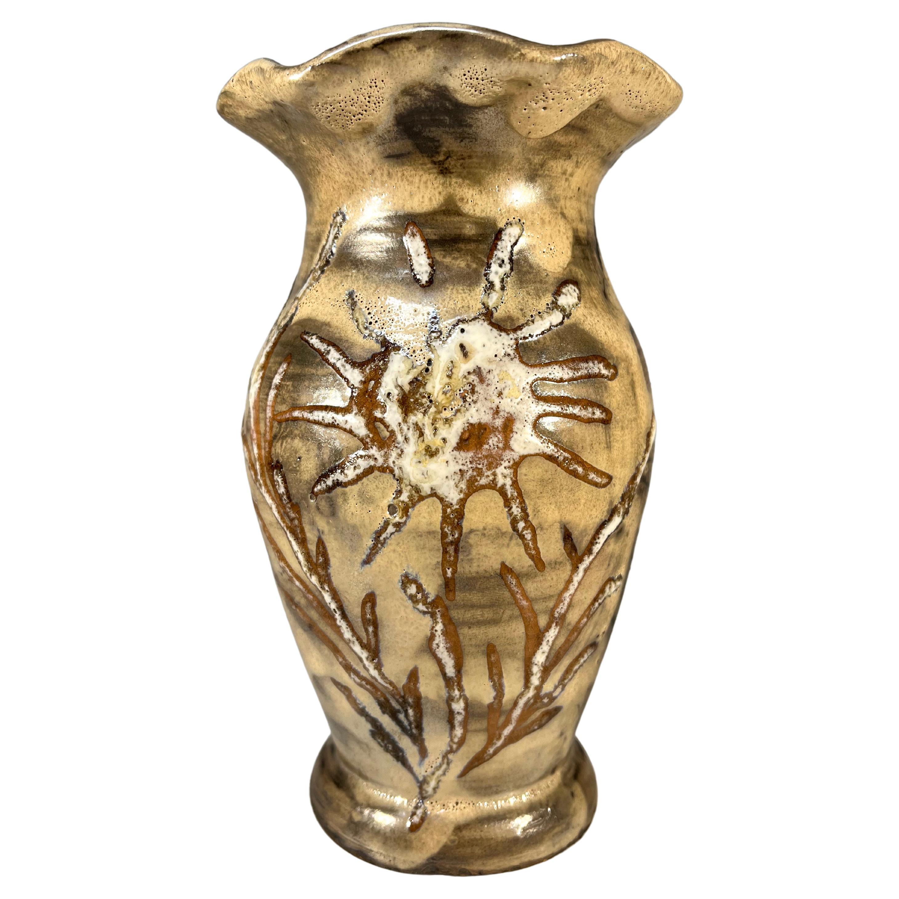 Abstract Sunflower Studio Vase From Vallauris, France - Applied Lustre Glaze  For Sale