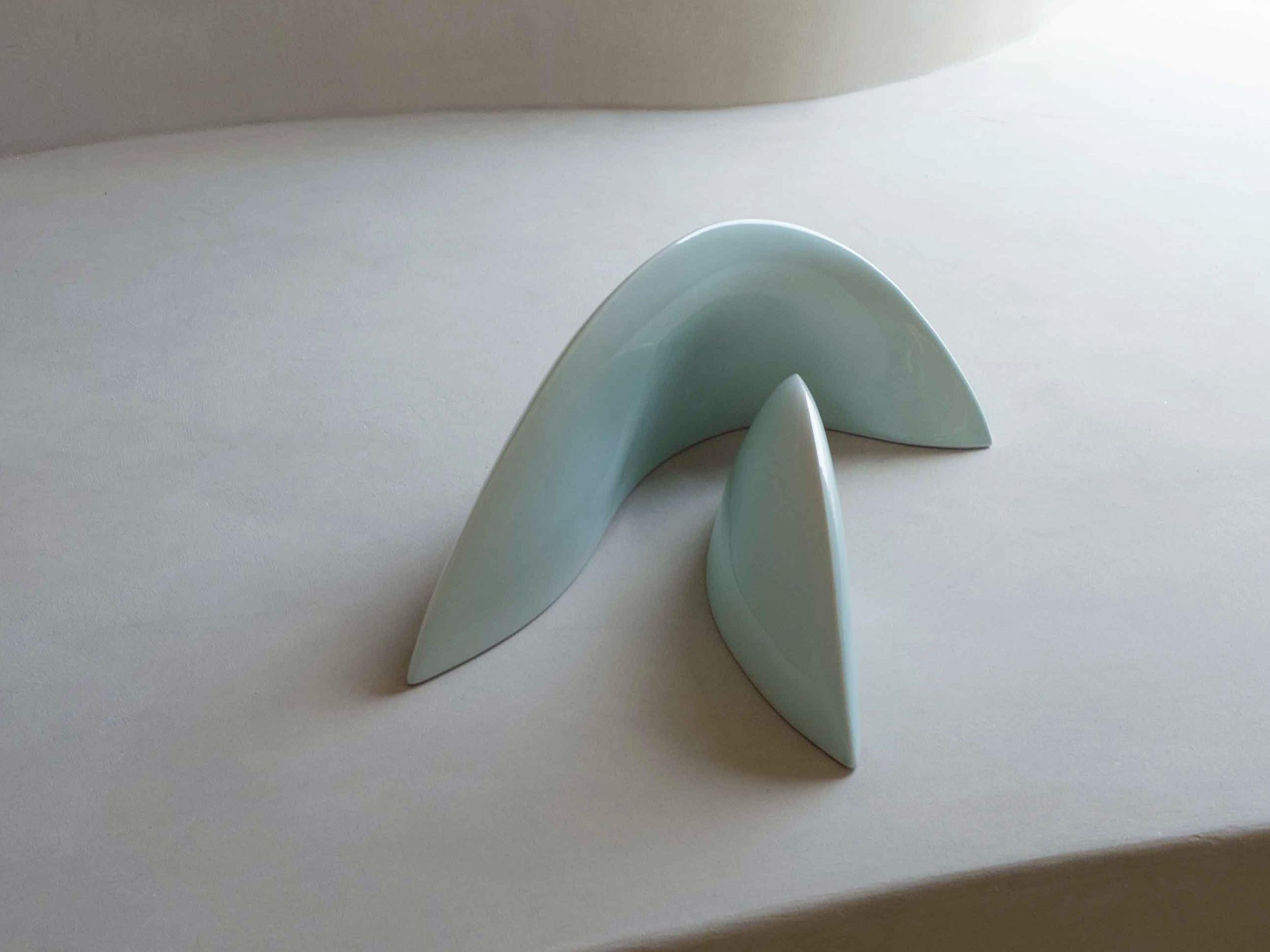 Abstract Table Sculpture - Ceramic Celadon Sculpture Pair by Soo Joo In New Condition For Sale In New York, NY