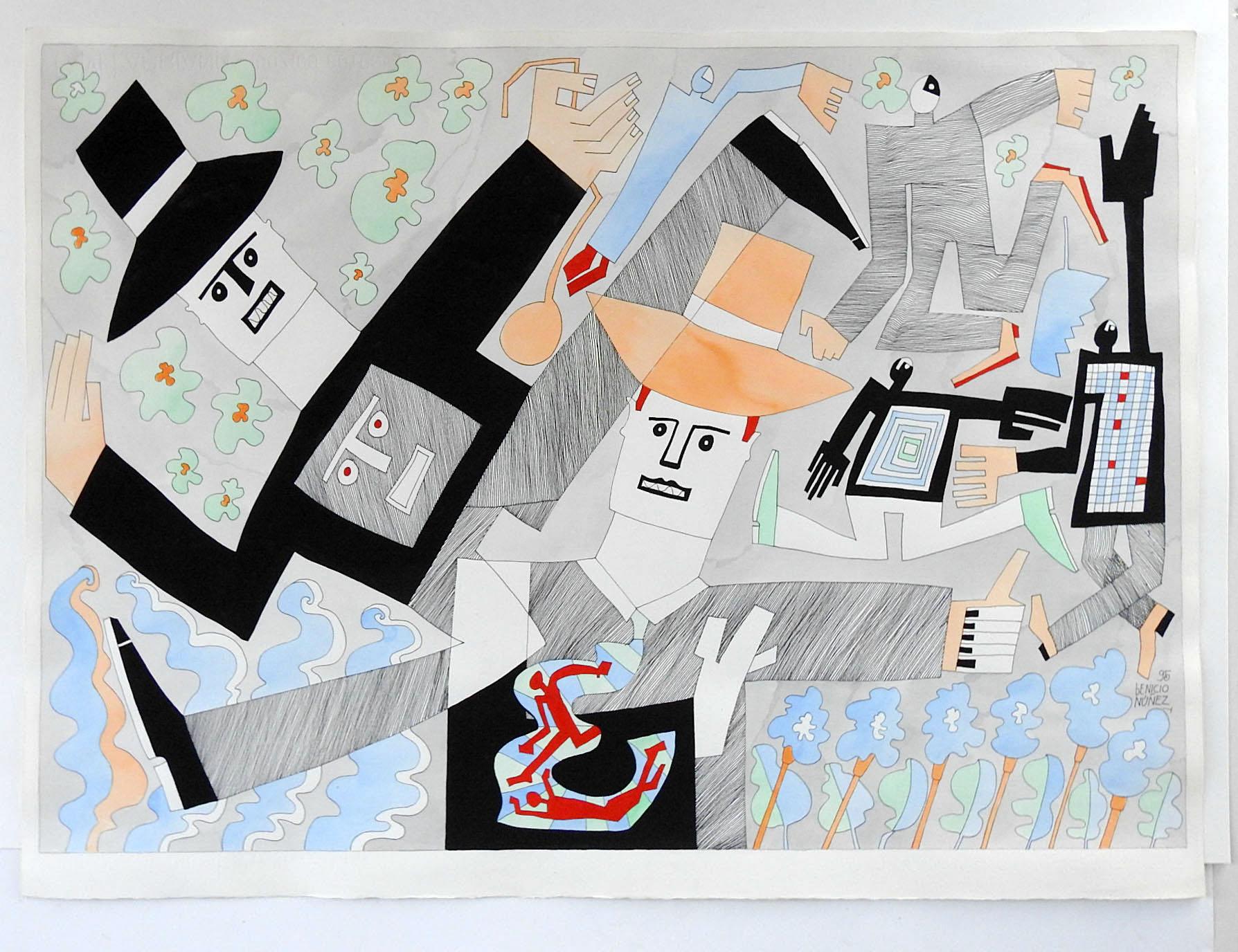 1995 acuarela abstracta sobre papel El Tango de Beneicio Núñez (siglo XX) Argentina. Firmado y fechado en la esquina inferior derecha, titulado El Tango en el verso.  Sin enmarcar.