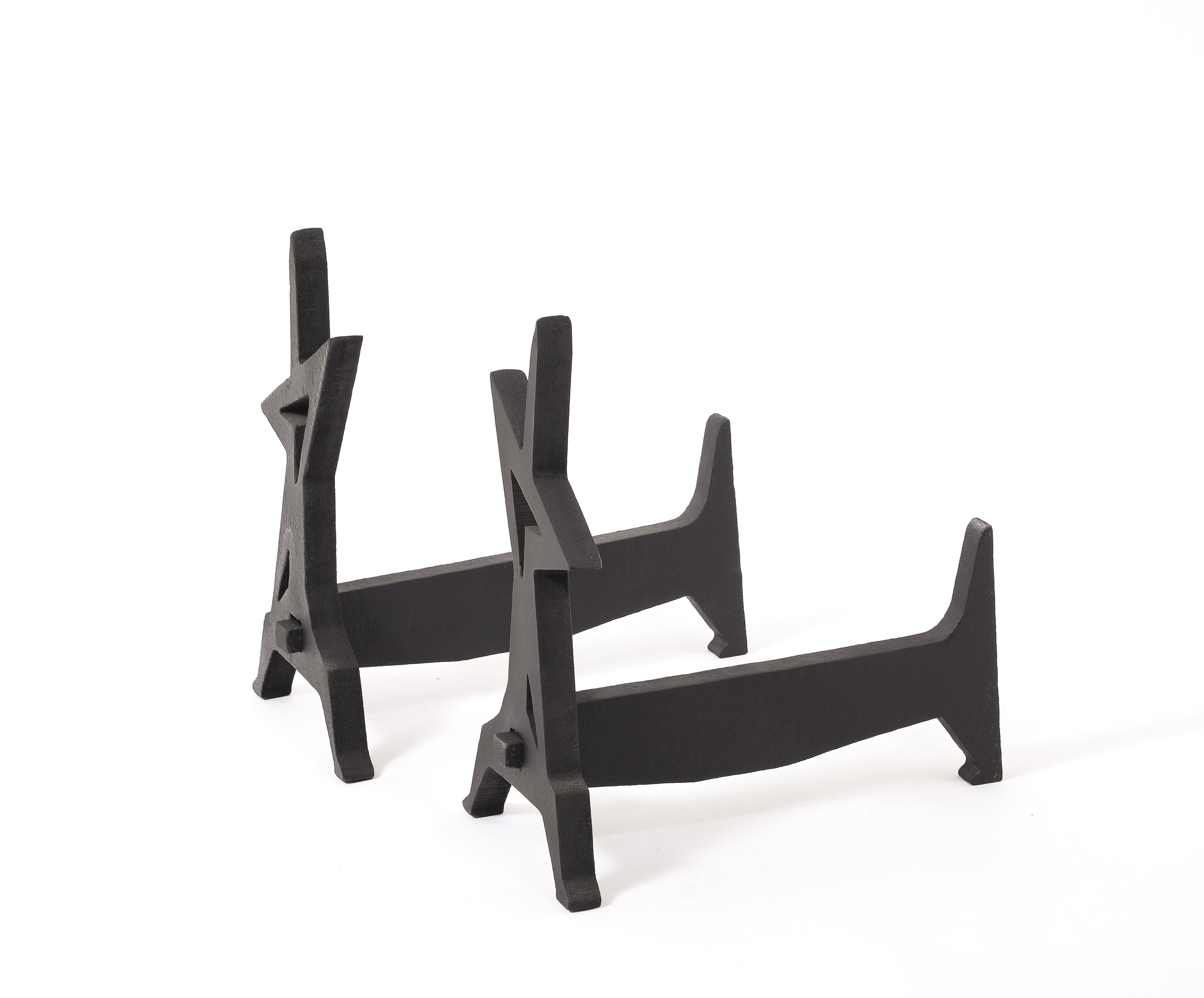 French Abstract Torch Cut Andirons, , France 1960's For Sale
