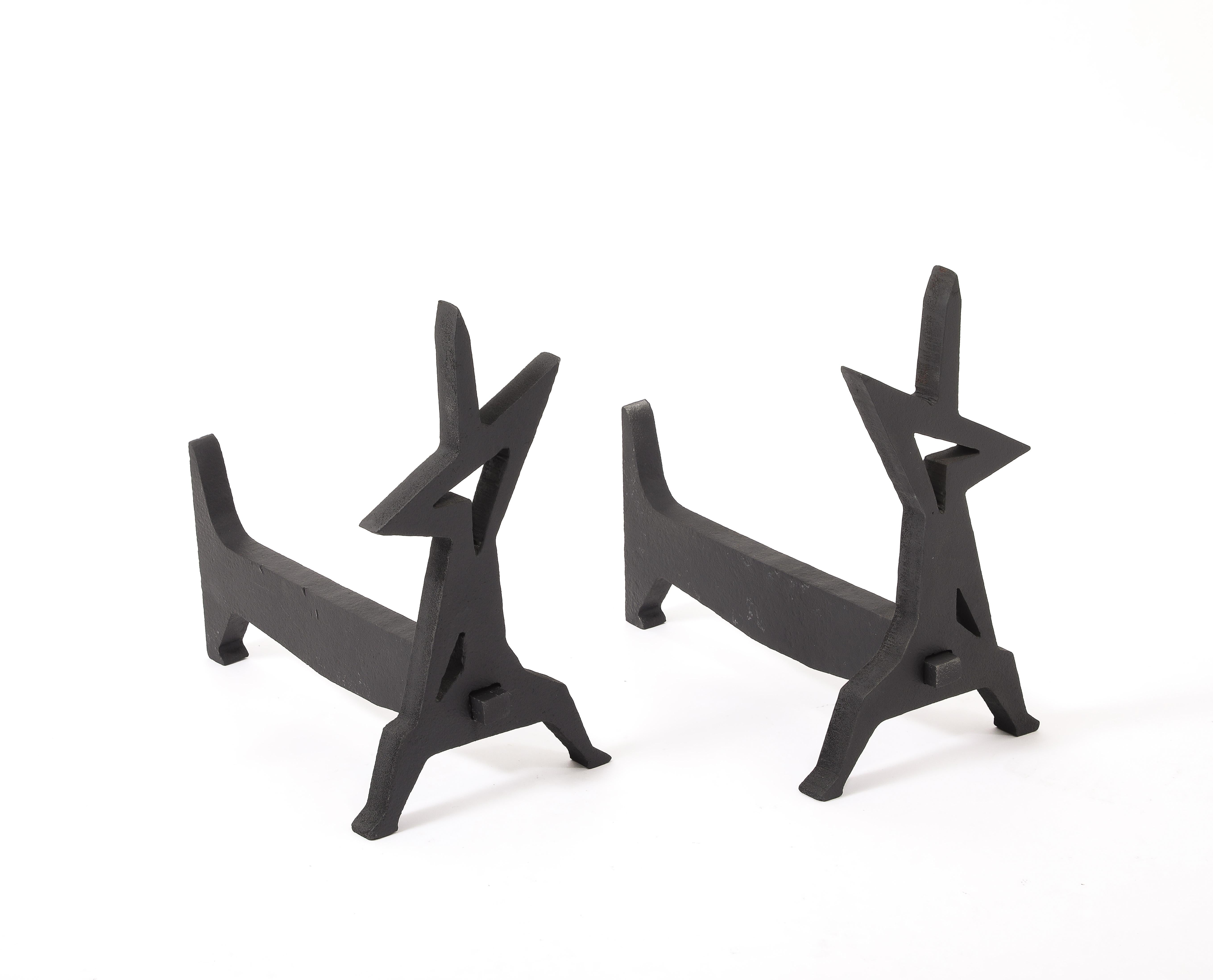 Steel Abstract Torch Cut Andirons, , France 1960's For Sale