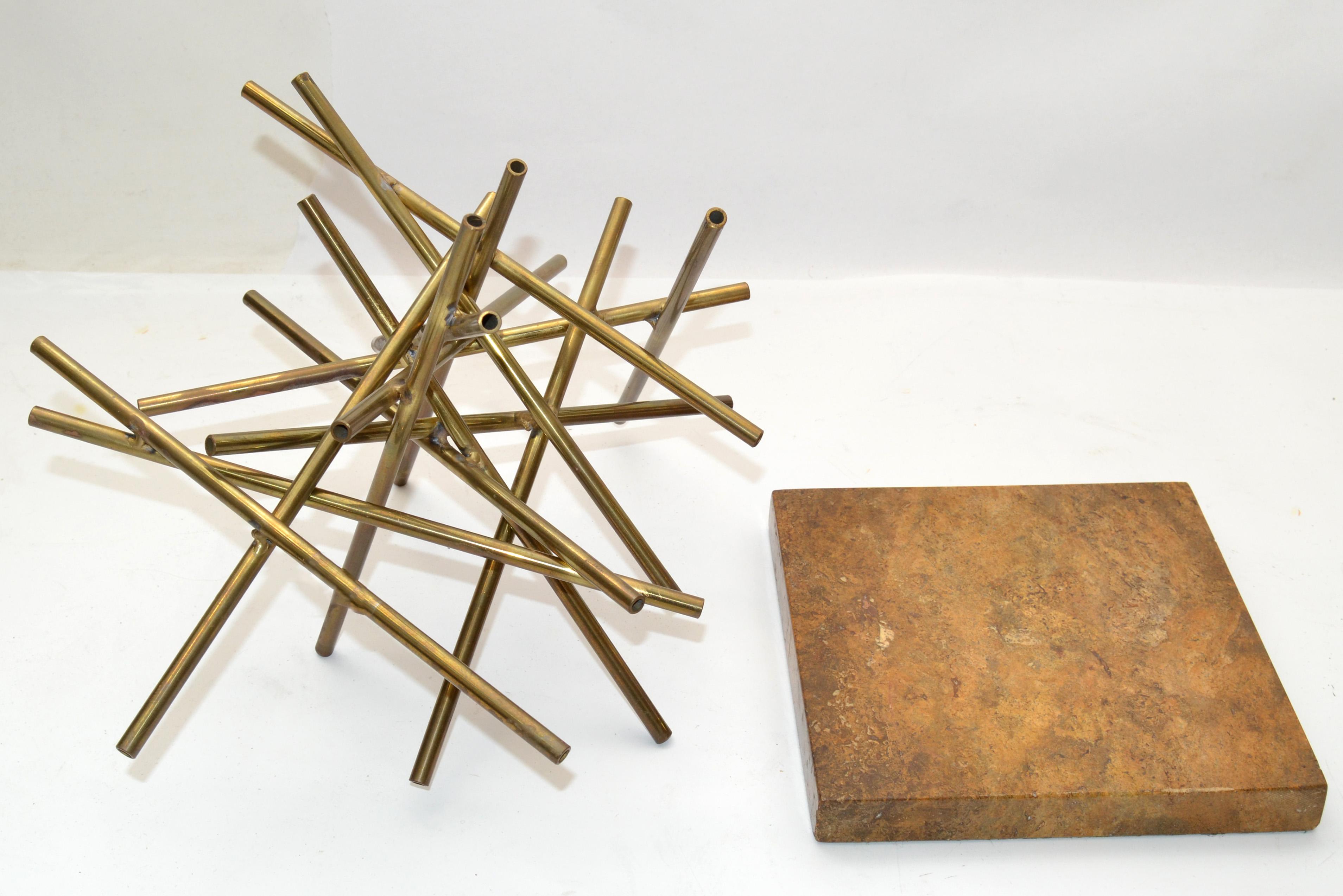 Late 20th Century Abstract Tubular Brass Pipe Sticks and Square Brown Marble Mid-Century Modern For Sale