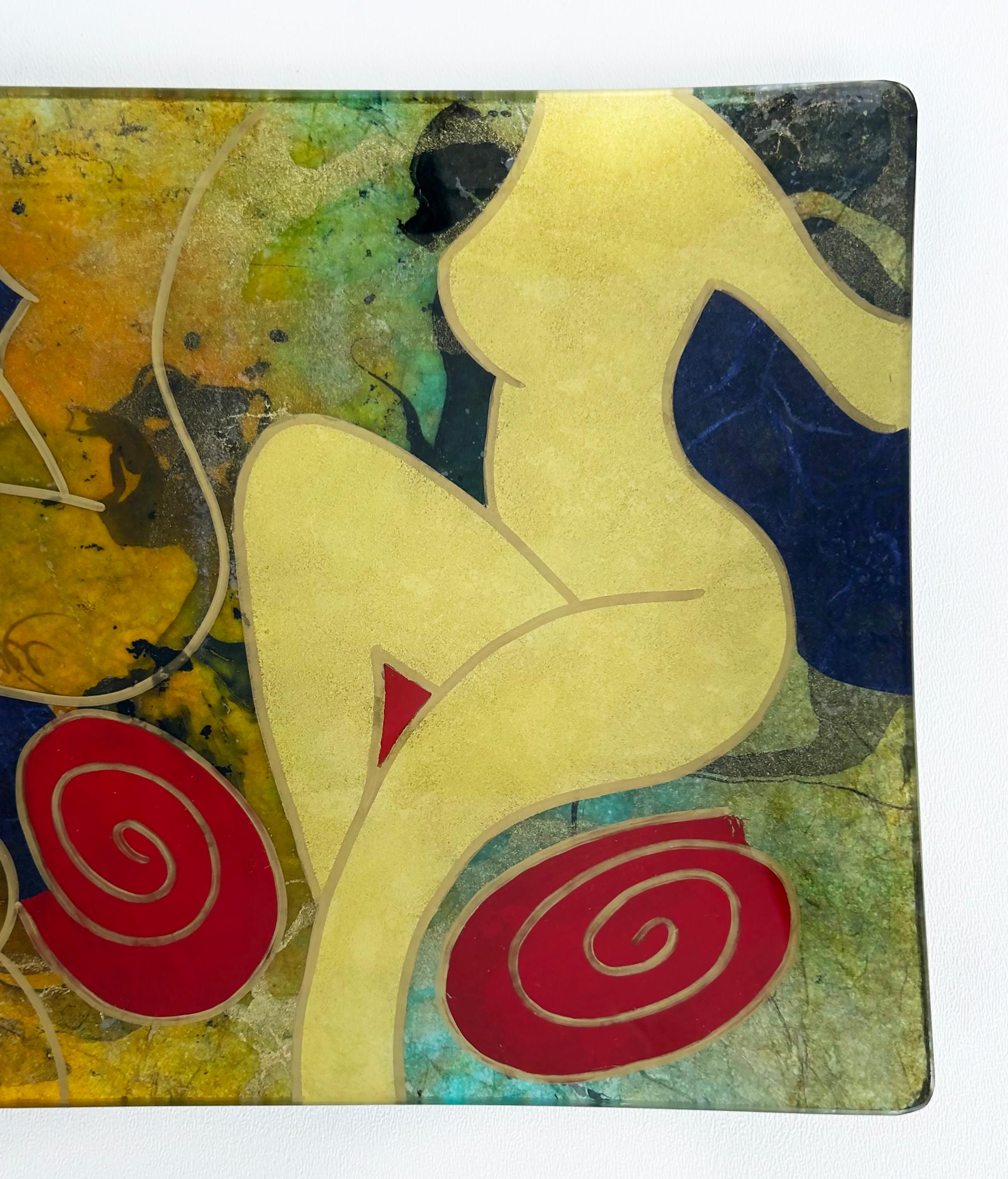 Hand-Painted Abstract Verre Églomisé Reverse Painted Nudes Glass Tray, Signed For Sale