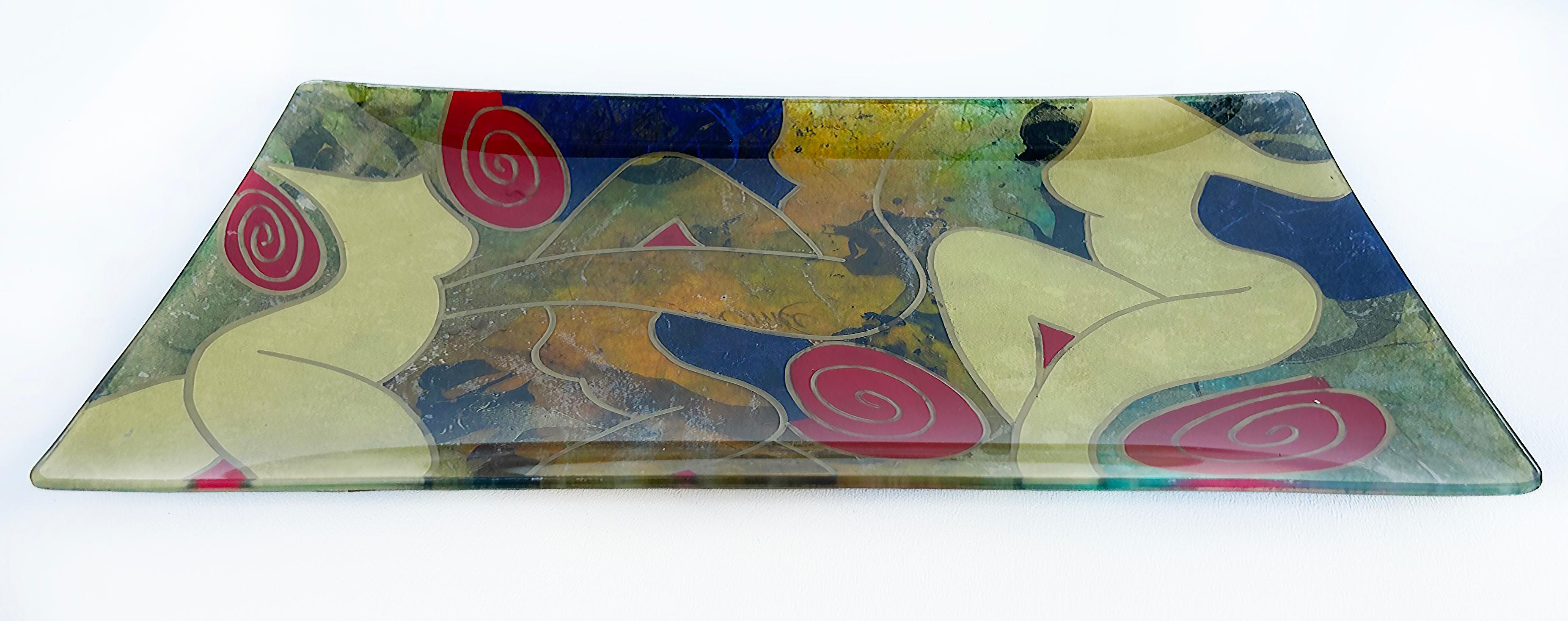 Abstract Verre Églomisé Reverse Painted Nudes Glass Tray, Signed In Good Condition For Sale In Miami, FL