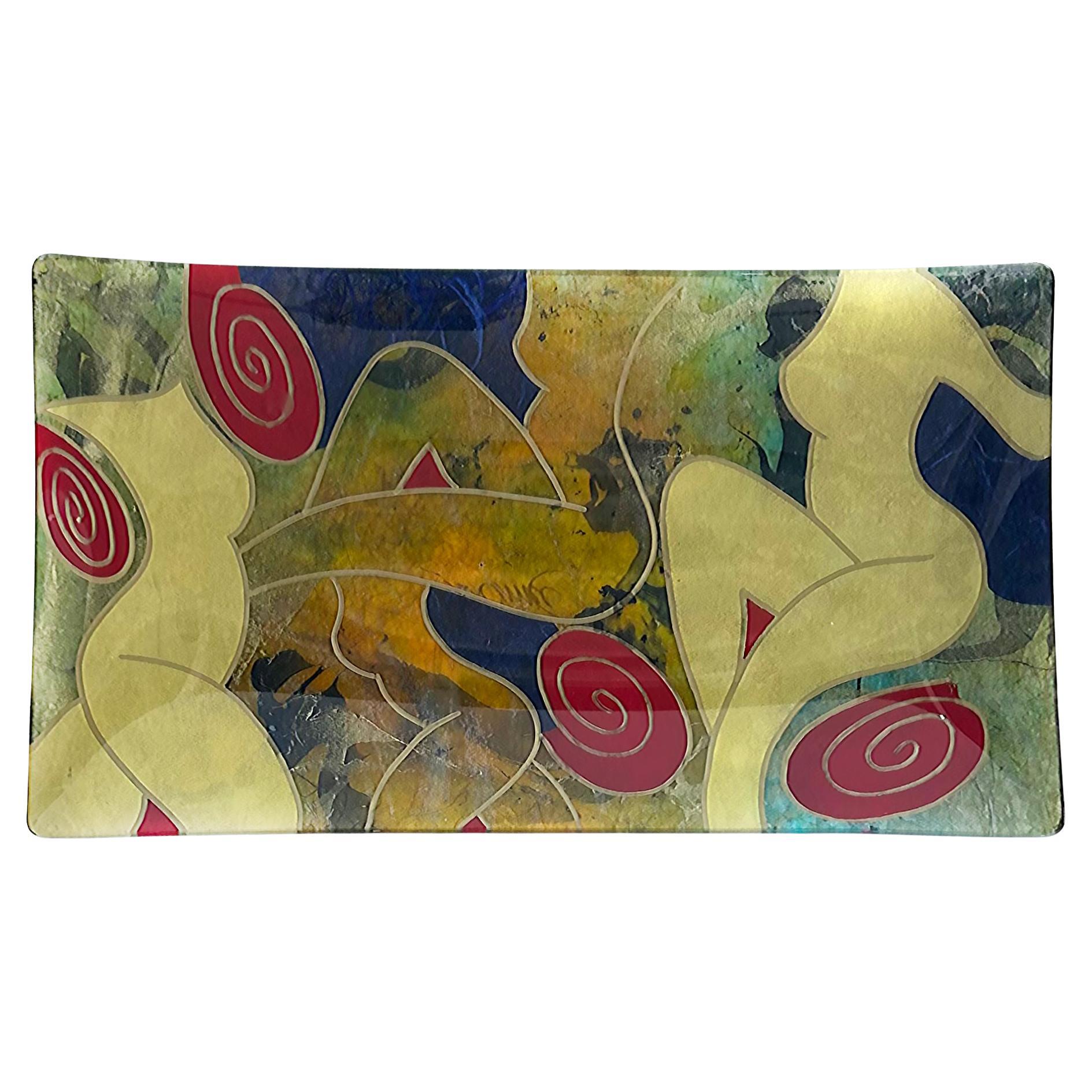 Abstract Verre Églomisé Reverse Painted Nudes Glass Tray, Signed For Sale