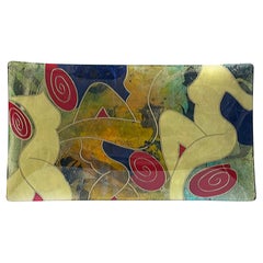 Vintage Abstract Verre Églomisé Reverse Painted Nudes Glass Tray, Signed