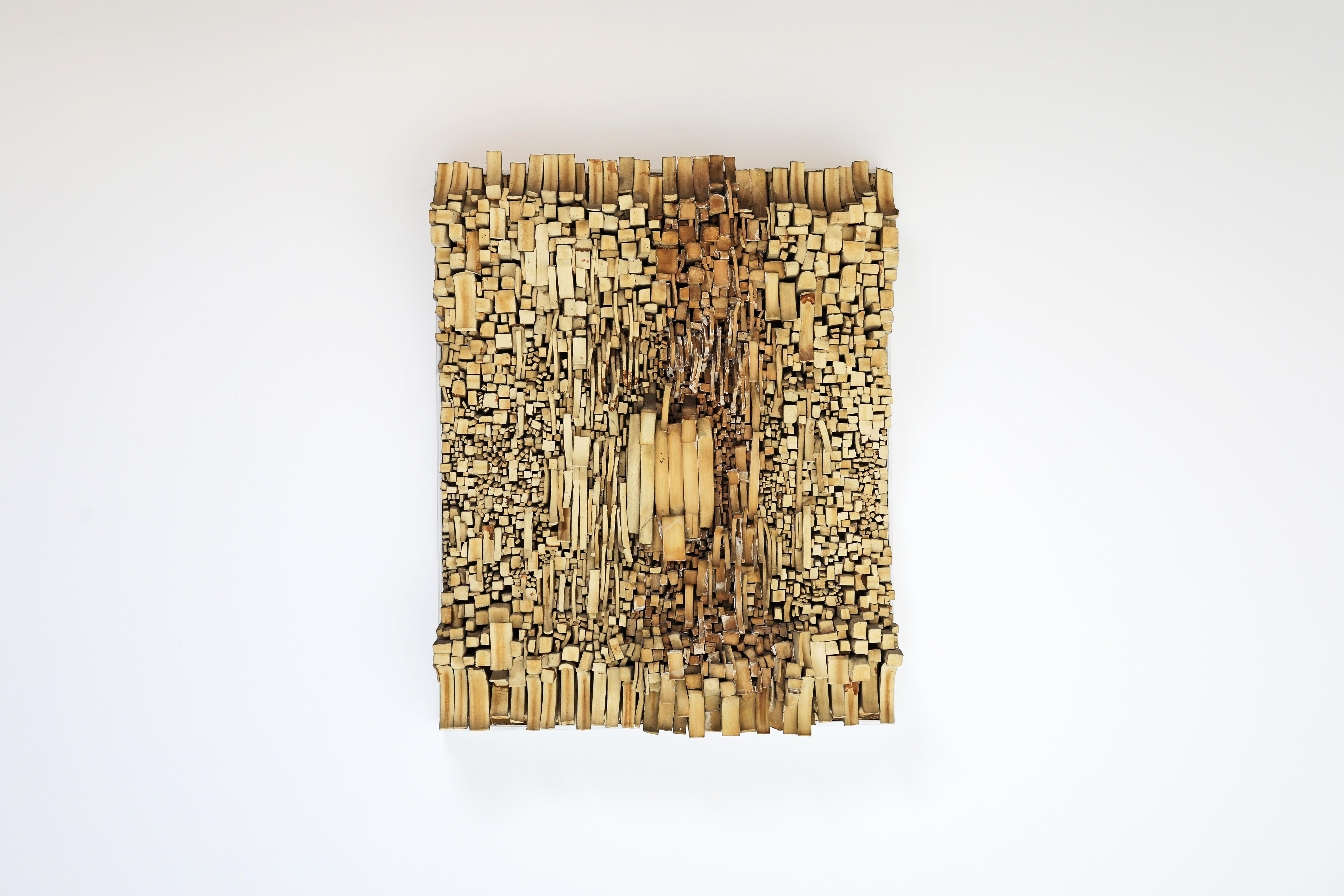 Bogaert's felt assemblages have a particularly soft and accessible appearance, which no other material he uses can match. At first glance they appear to be wooden objects, but the woolly surface makes it clear that they are felt. To date, only a few