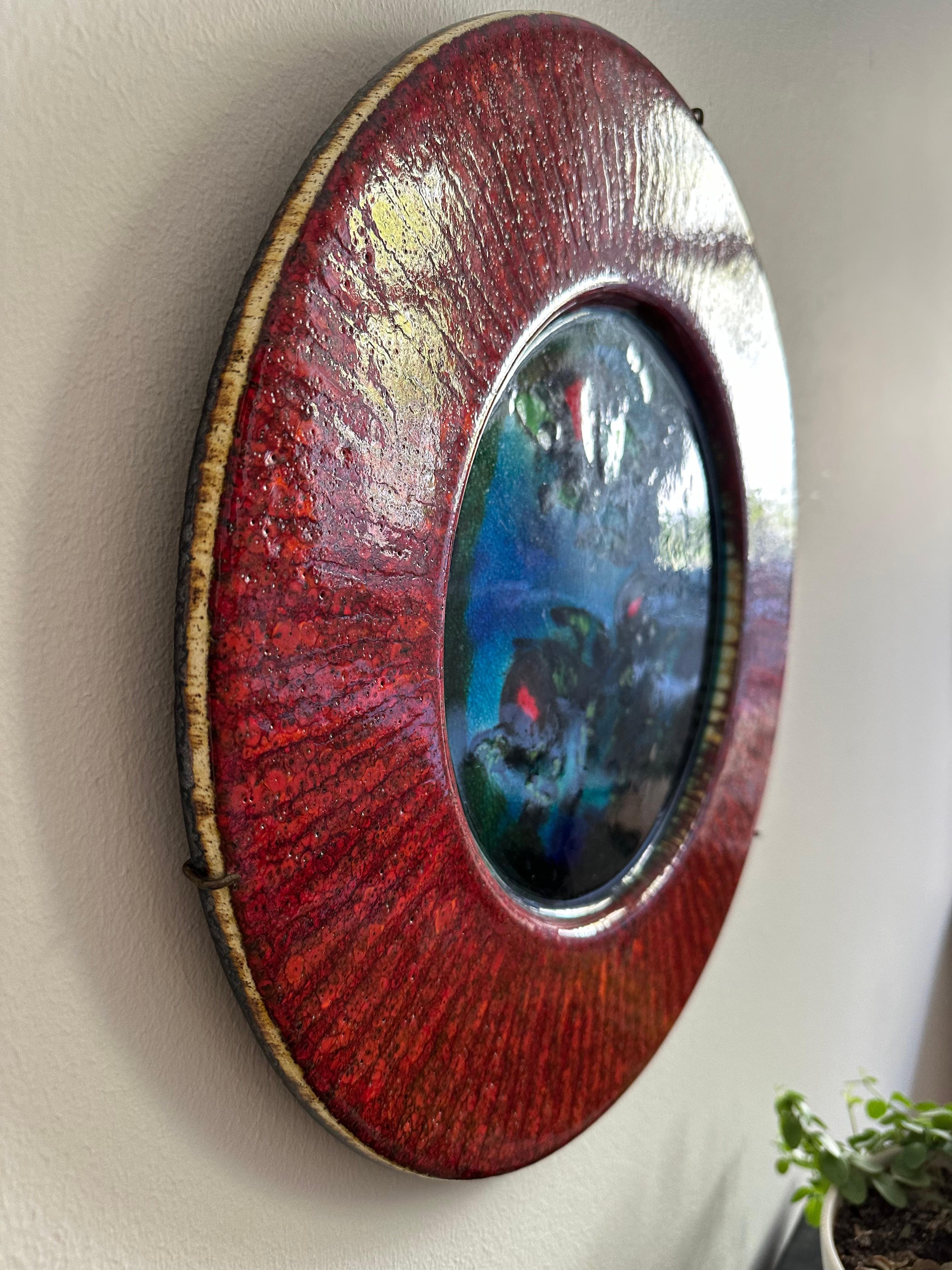 Abstract Vintage 1960s Space Age Ceramic Wall Plate: Red with Bold Blue/Green For Sale 5