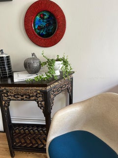 Abstract Vintage 1960s Space Age Ceramic Wall Plate: Red with Bold Blue/Green