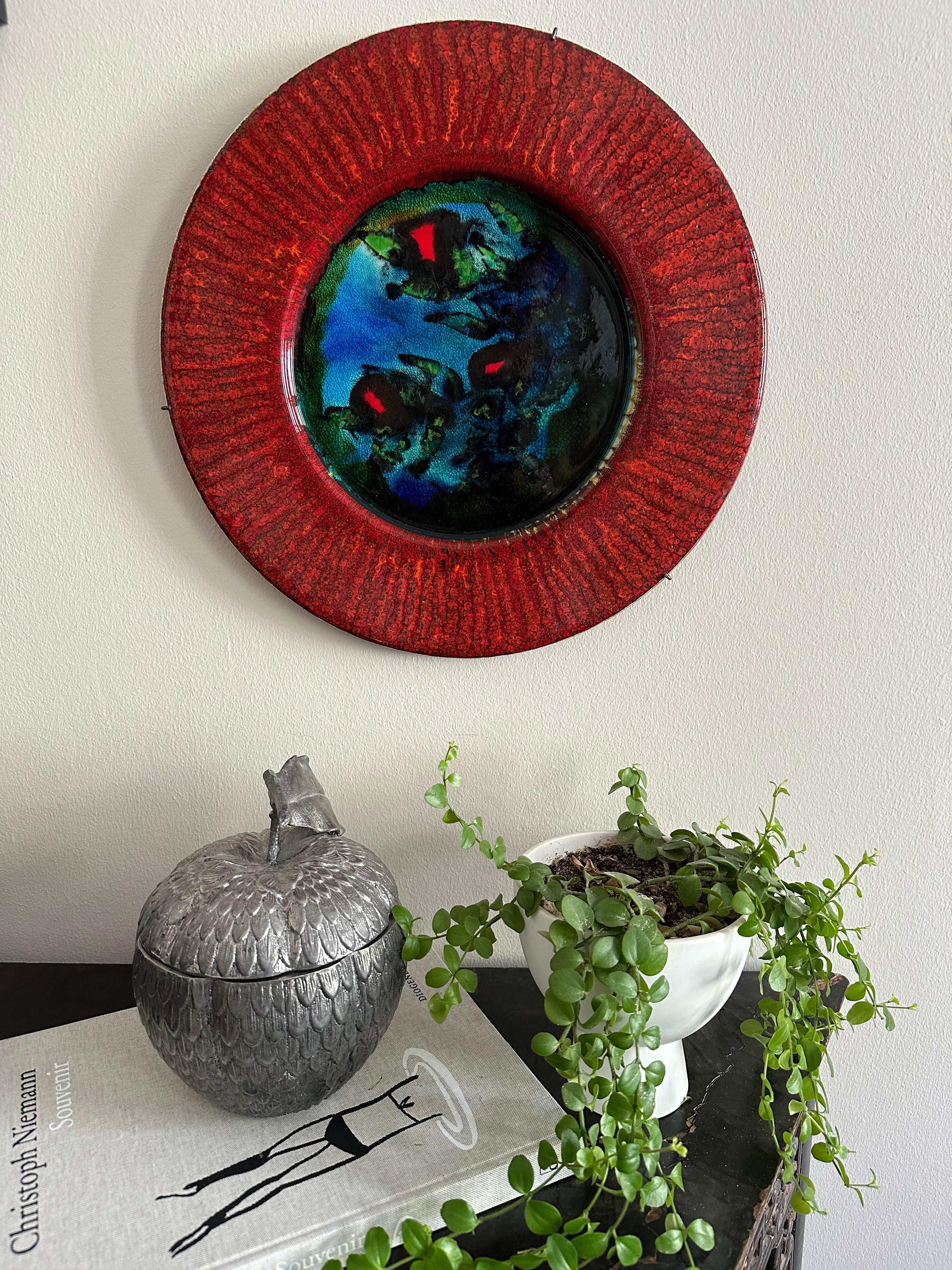 German Abstract Vintage 1960s Space Age Ceramic Wall Plate: Red with Bold Blue/Green For Sale