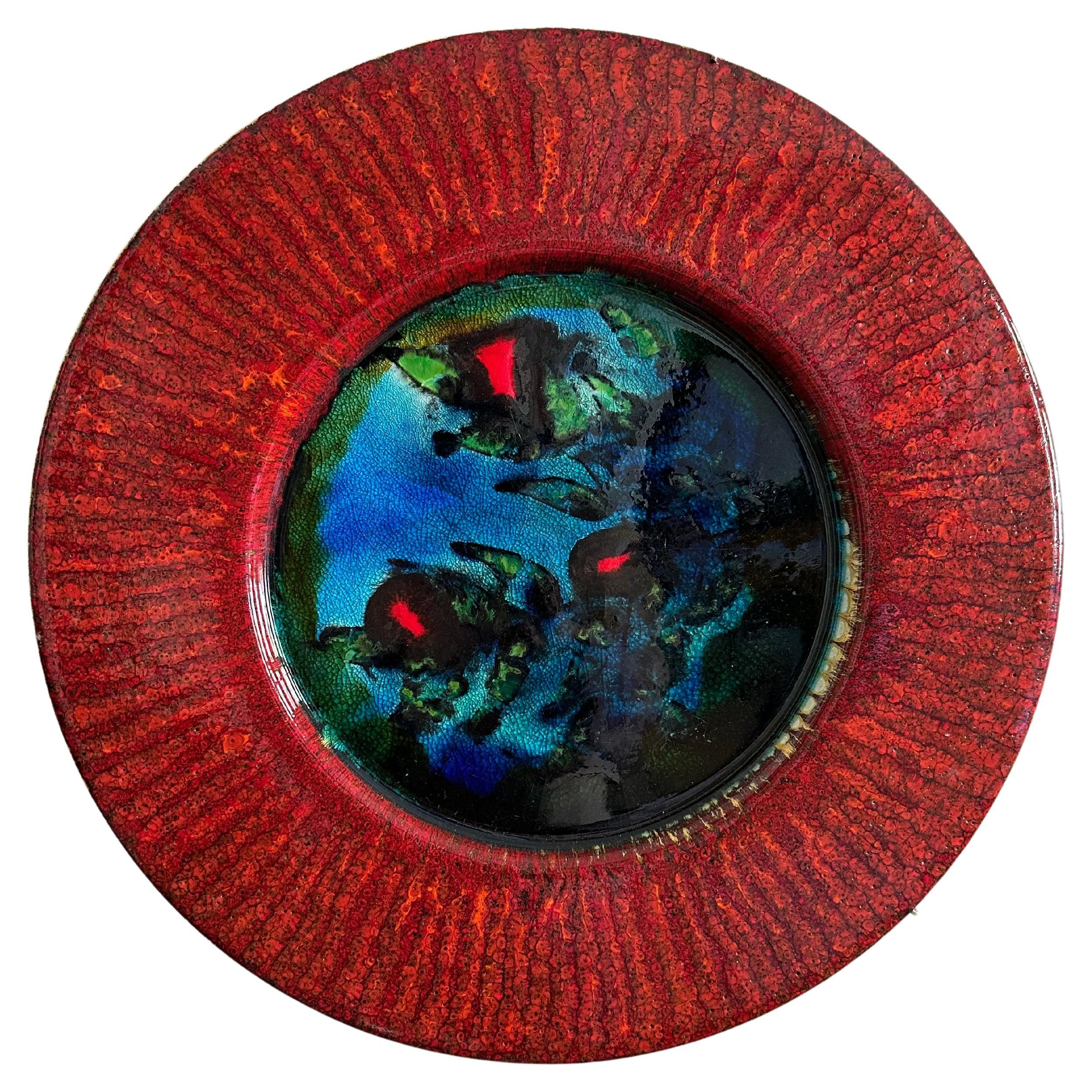 Abstract Vintage 1960s Space Age Ceramic Wall Plate: Red with Bold Blue/Green For Sale
