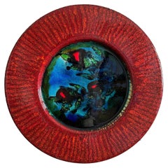 Abstrakter Vintage 1960er Space Age-Wandteller aus Keramik: Rot mit kühnem Blau/Grün