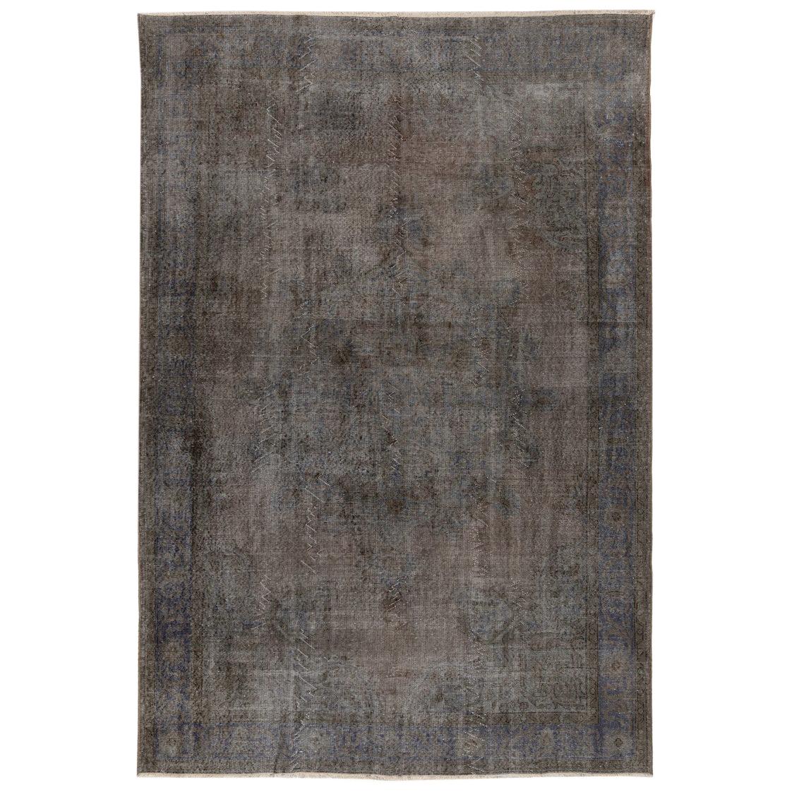 7.4x10.4 Ft Abstract, Distressed Vintage Handmade Rug Over-Dyed in Gray Color