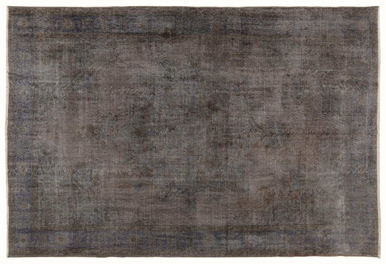 Wool 7.4x10.4 Ft Abstract, Distressed Vintage Handmade Rug Over-Dyed in Gray Color