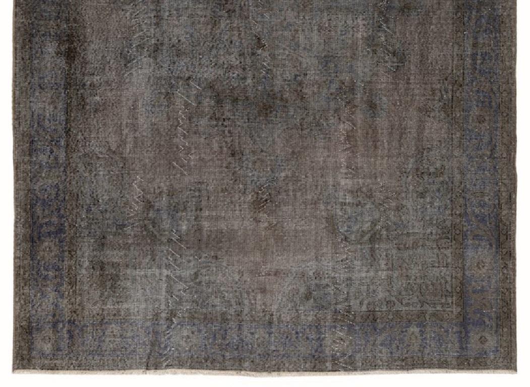 Modern 7.4x10.4 Ft Abstract, Distressed Vintage Handmade Rug Over-Dyed in Gray Color