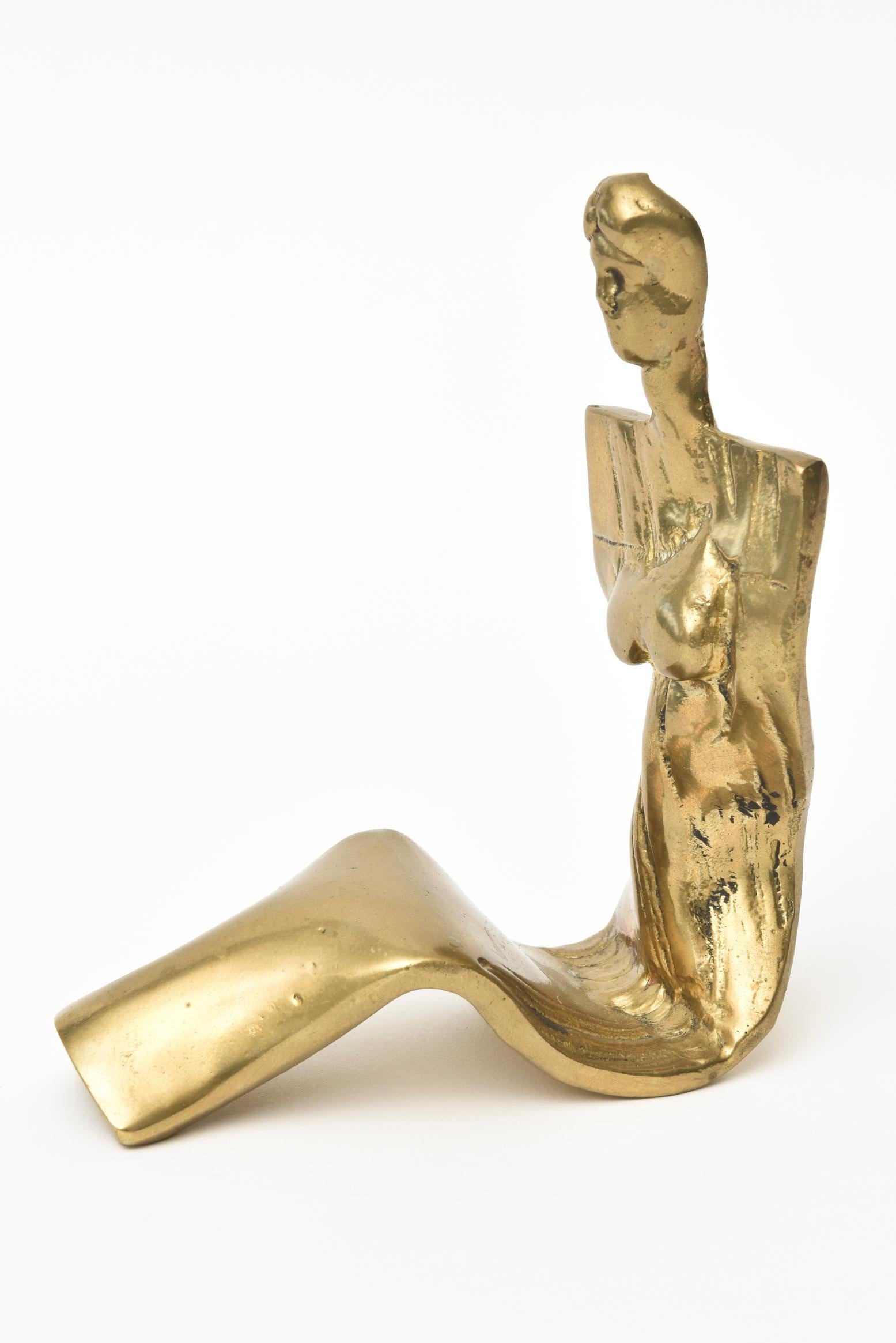 Modern  Brass  Signed Woman Seated Vintage Sculpture  For Sale
