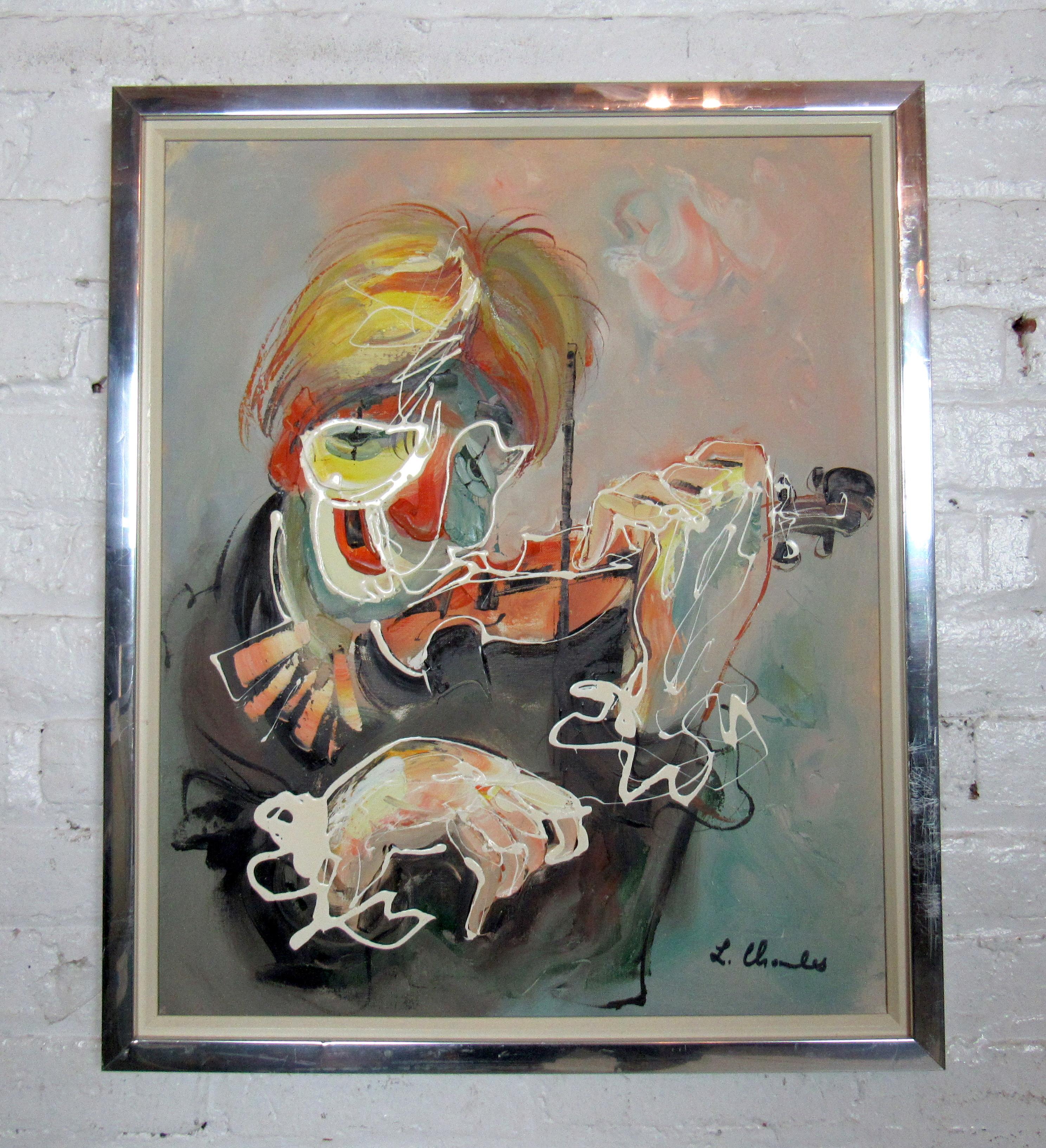Midcentury abstract painting of a violinist playing in a silver frame by L Charles.

(Please confirm item location - NY or NJ - with dealer).