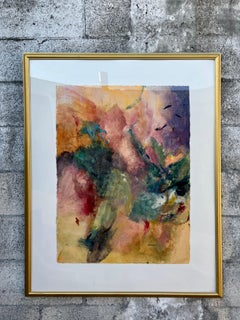 Peinture abstraite aux couleurs délavées encadrée et signée par l'artiste. Circa 1990