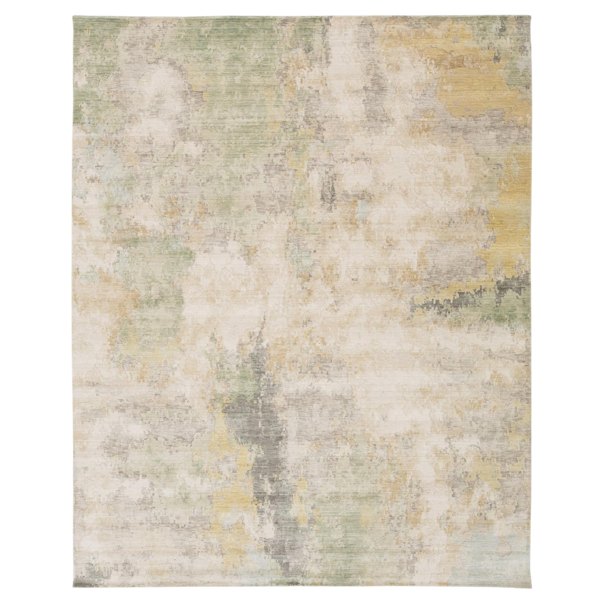Abstrakter moderner Aquarellteppich - Sage Grün, Gold, & Elfenbein Wolle-Nylon-Mischung