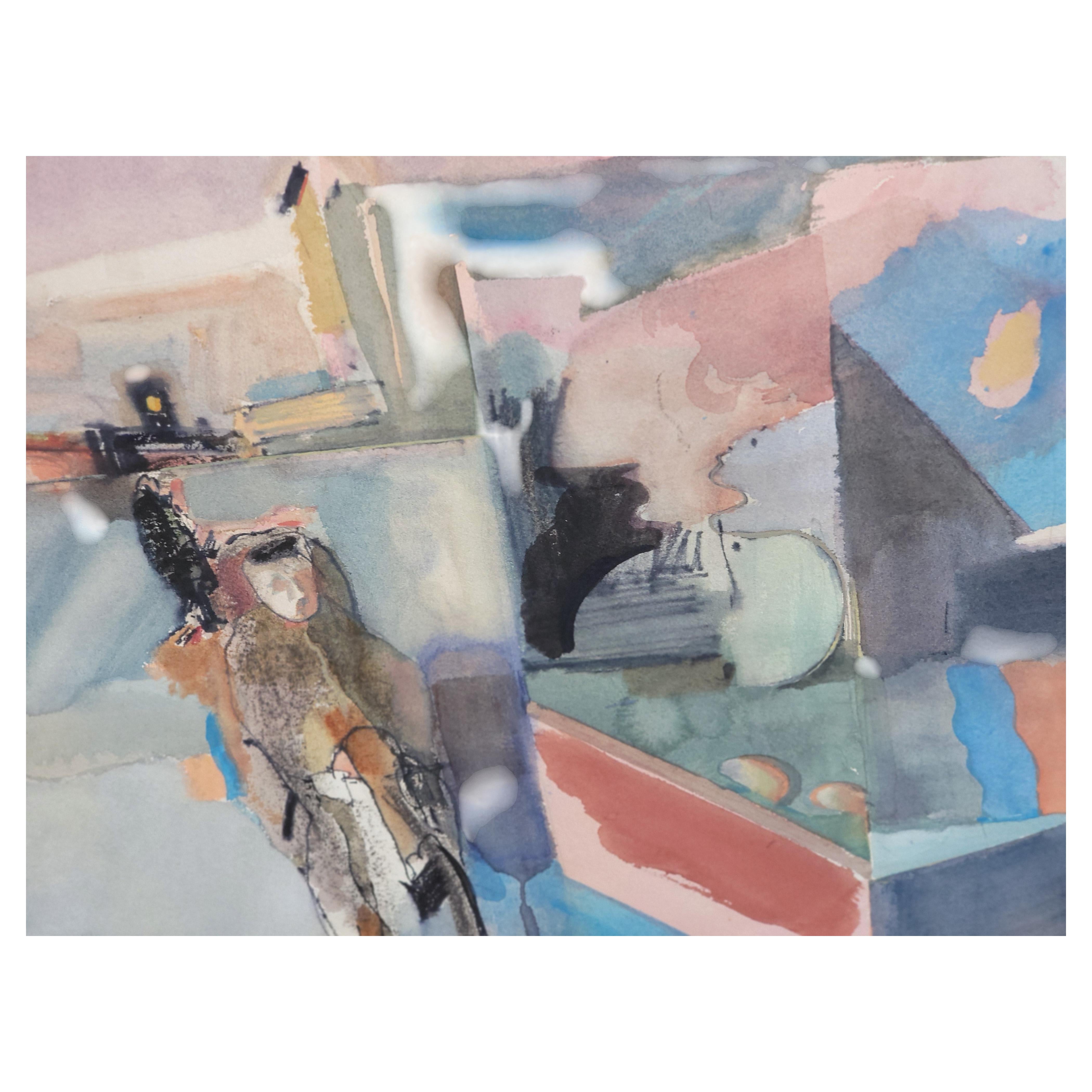 Peinture abstraite à l'aquarelle de Bruce Ertle datée de 1979