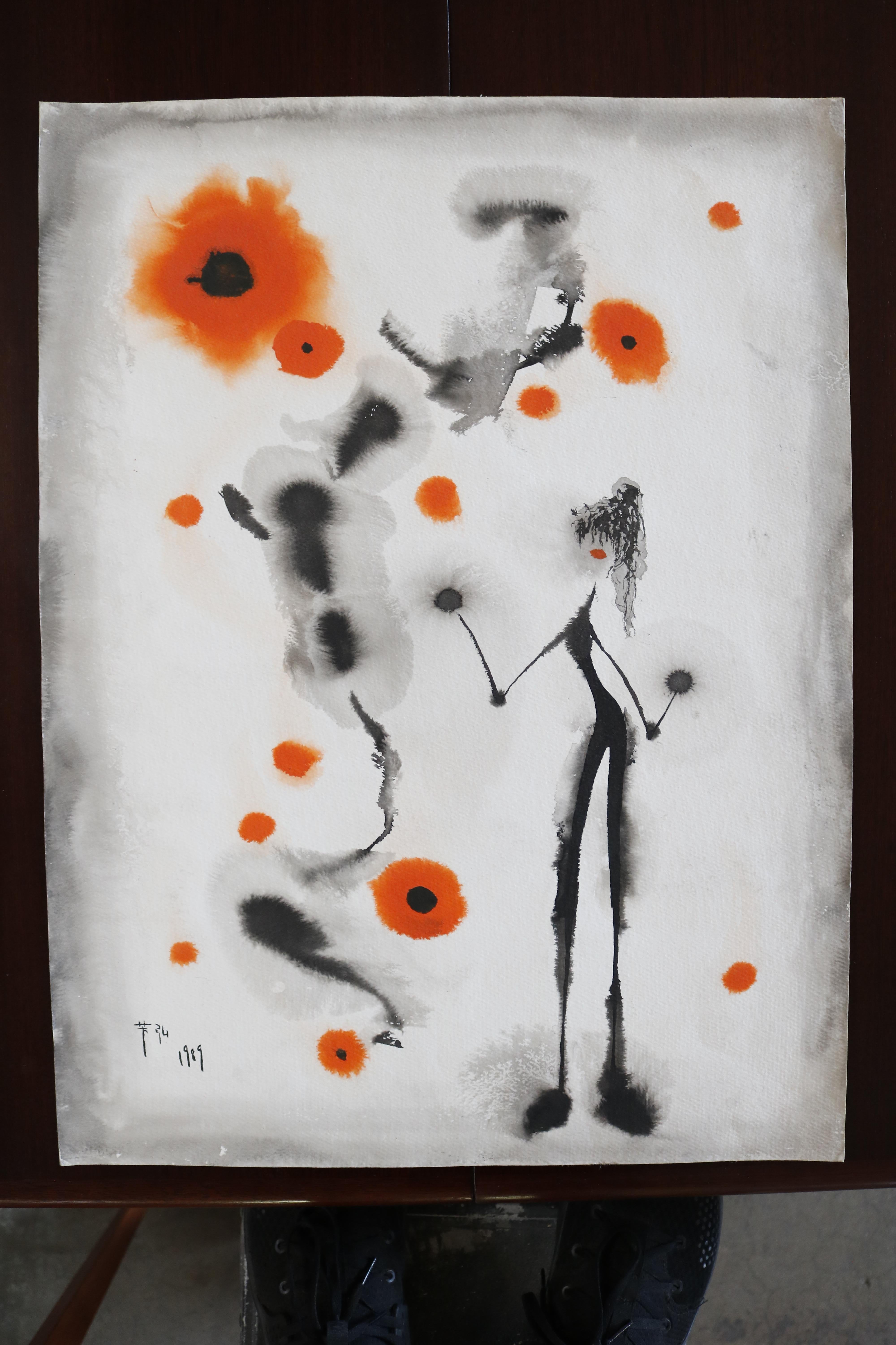 A dreamy, abstract watercolor scene by Yoshi Ueda with a female figure surrounded by smokey spirits and floating red poppies, a continuing theme in some of his other work. The piece sits in a simple black wood frame.

This is an early work of