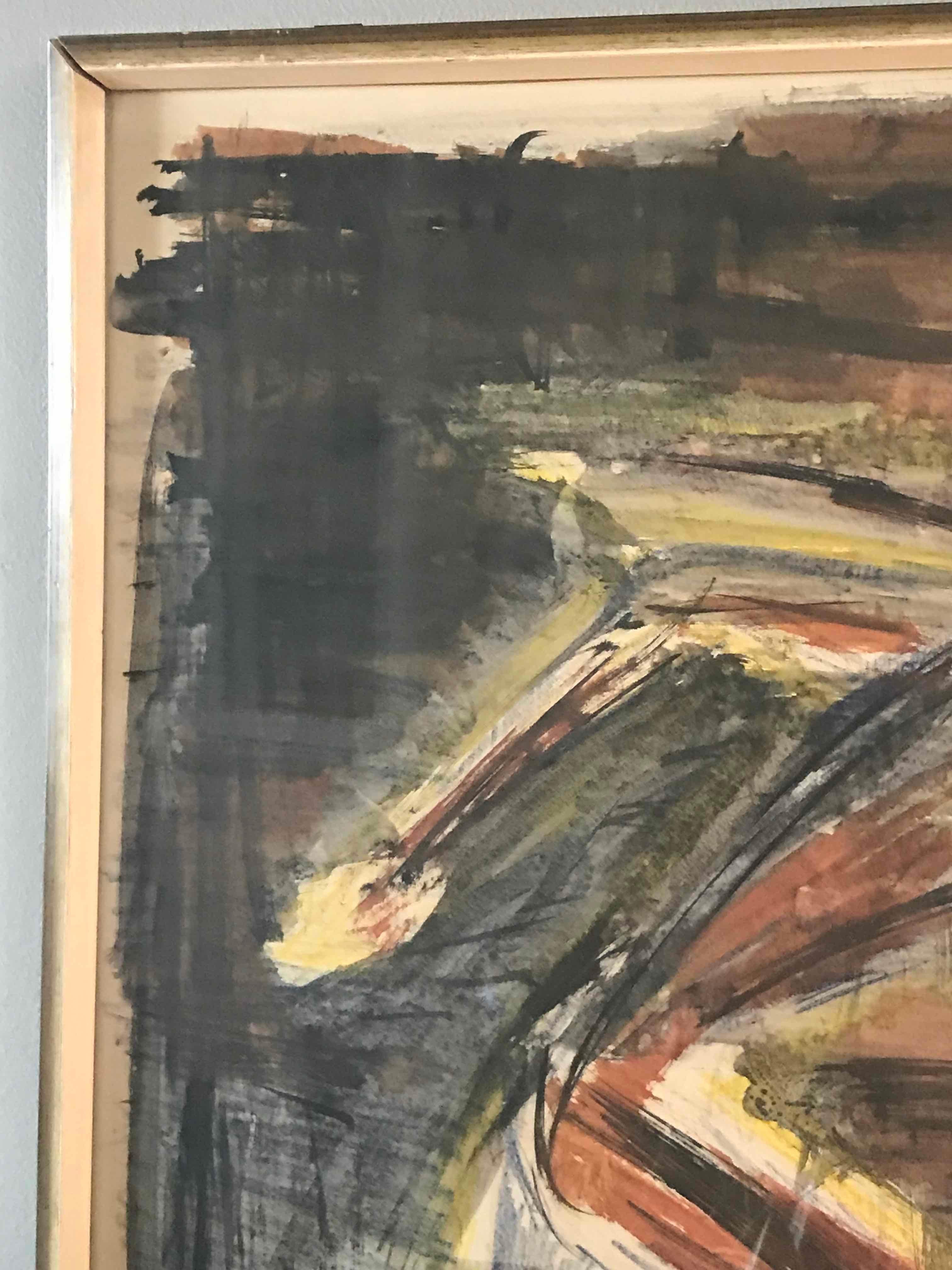 Dynamic German Abstract Expressionist painting. Oil pastel and watercolors depict of two dancing genderless figures. Oak browns, burnt siennas, umbers, and ochres gives this joyous piece an earthen quality.

Germany, circa 1940

Dimensions: 30.5W x