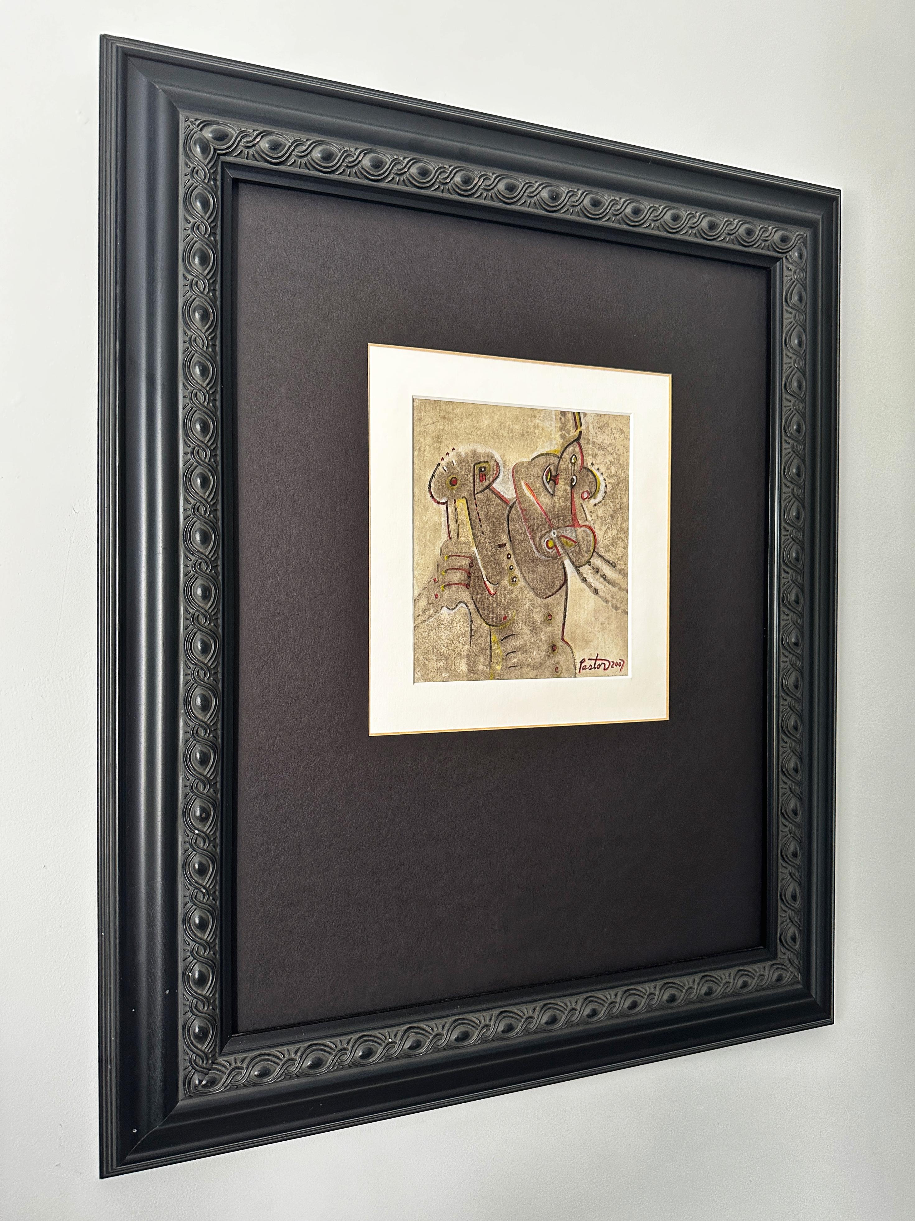 Cette aquarelle abstraite sur papier au thème tribal présente un guerrier figuratif avec un cheval et peut-être un arc et des flèches. L'artiste utilise principalement de l'aquarelle noire pour créer les différents degrés de couleurs sombres et de