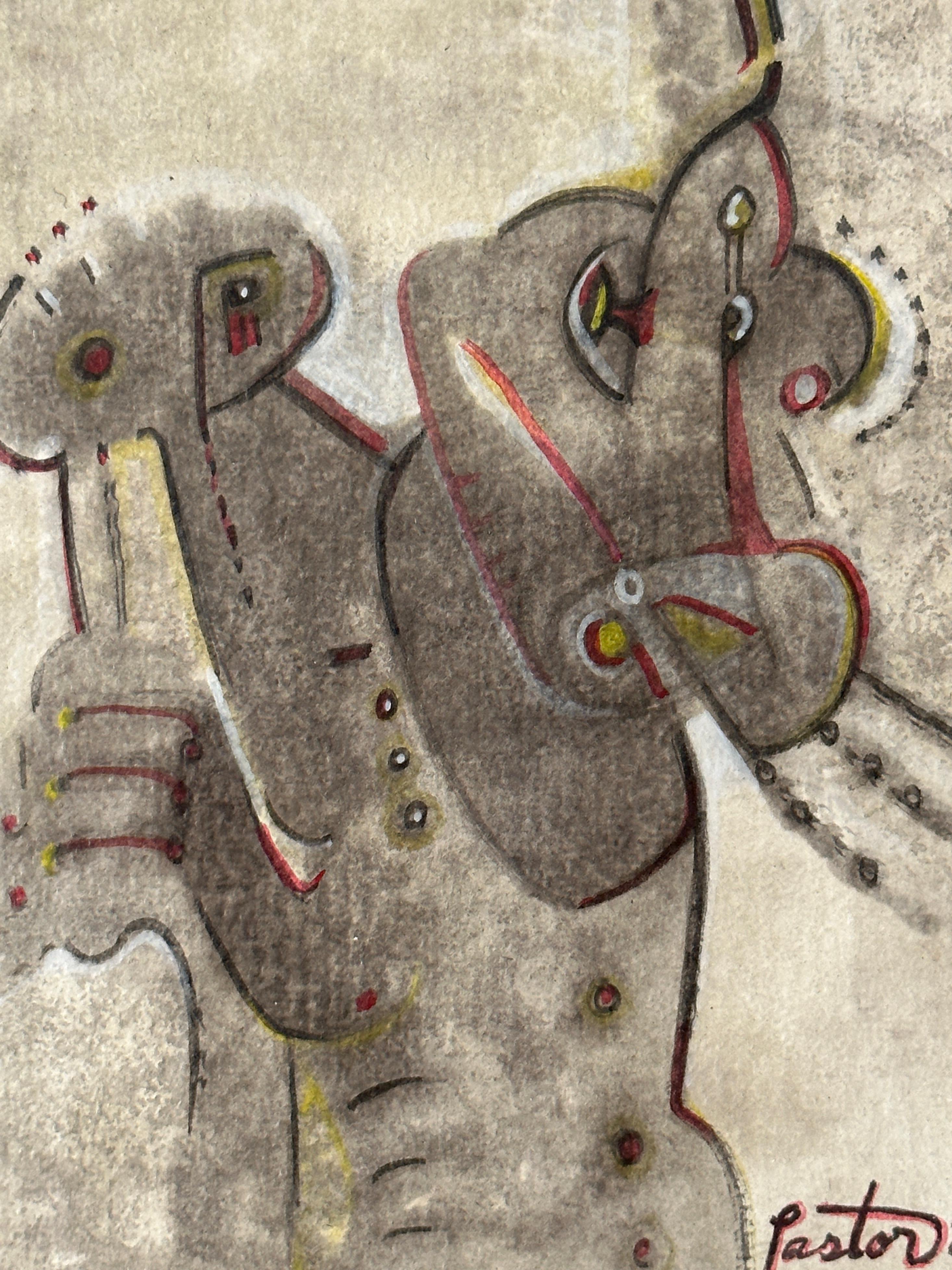 Pintura tribal en acuarela de guerrero y caballo, abstracta, c. 2007 Tribal en venta