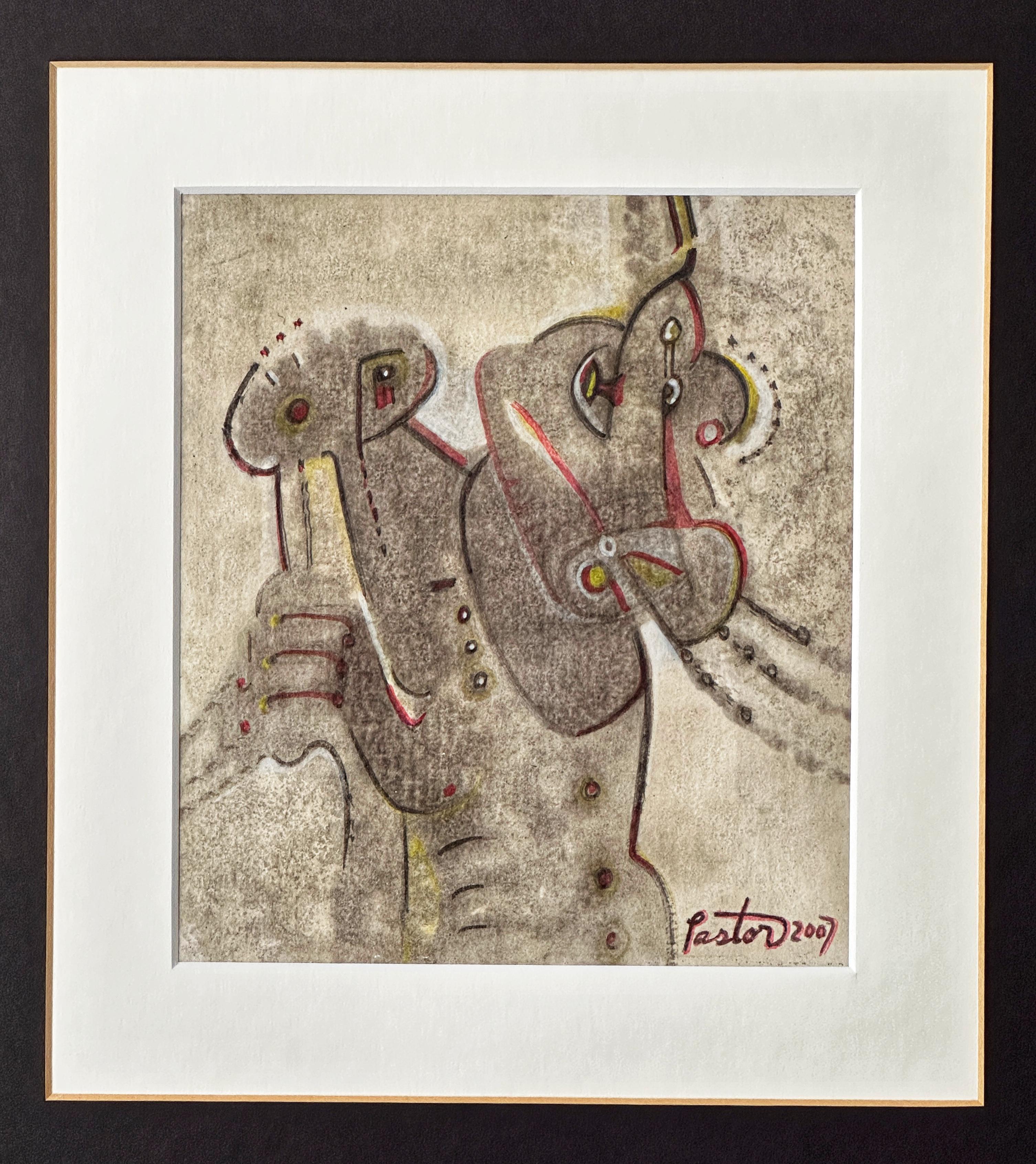 Hand-Carved Tribal Watercolor Painting of Warrior and Horse, Abstract, c. 2007 For Sale