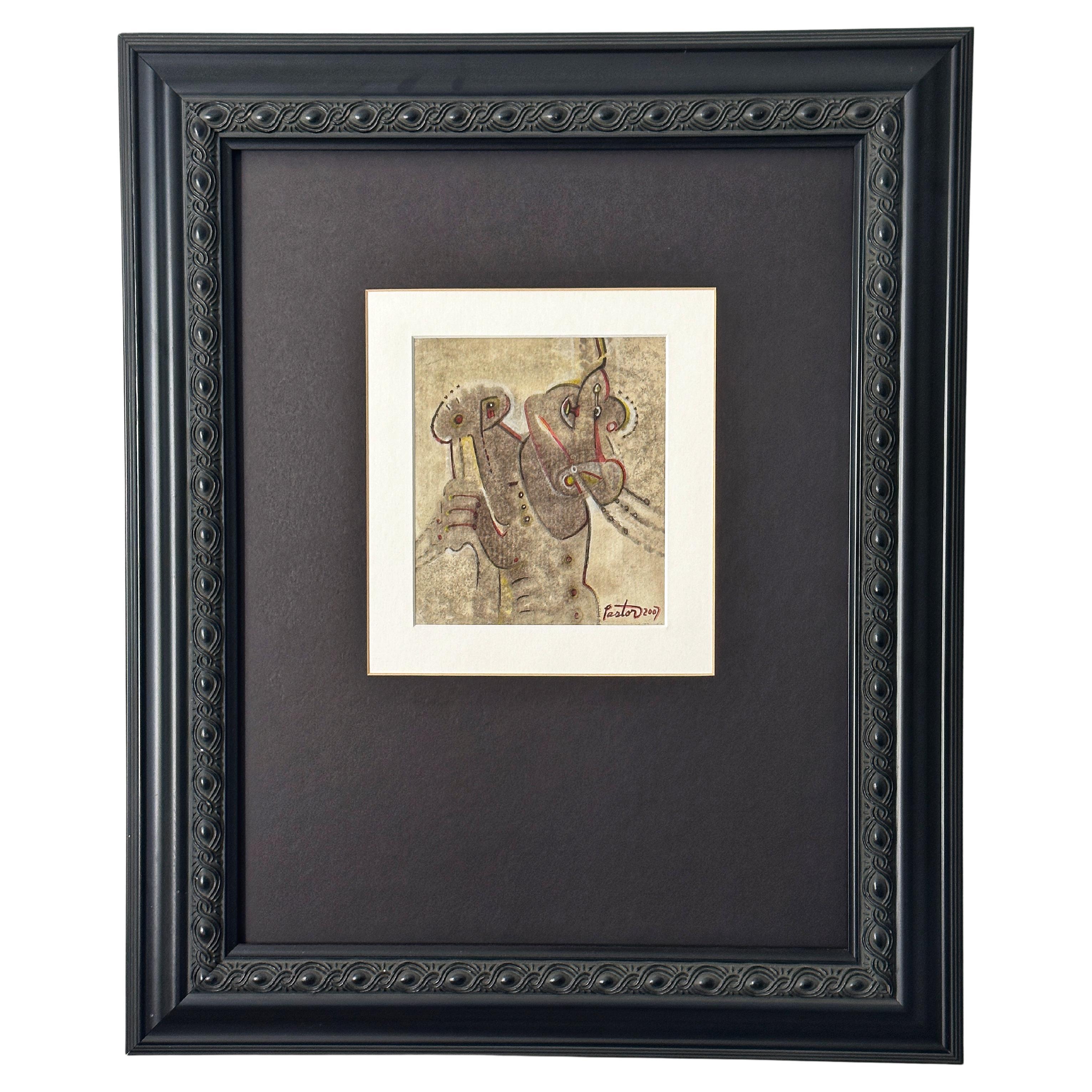 Abstract Watercolor Painting of Tribal Warrior and Horse, Custom Frame, c. 2007