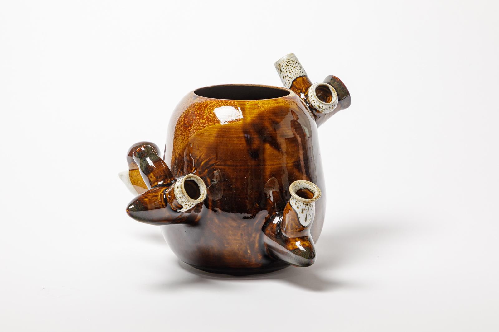 Modern Abstract white and brown sonteware ceramic vase or pot free form by ATOI c. 2010 For Sale