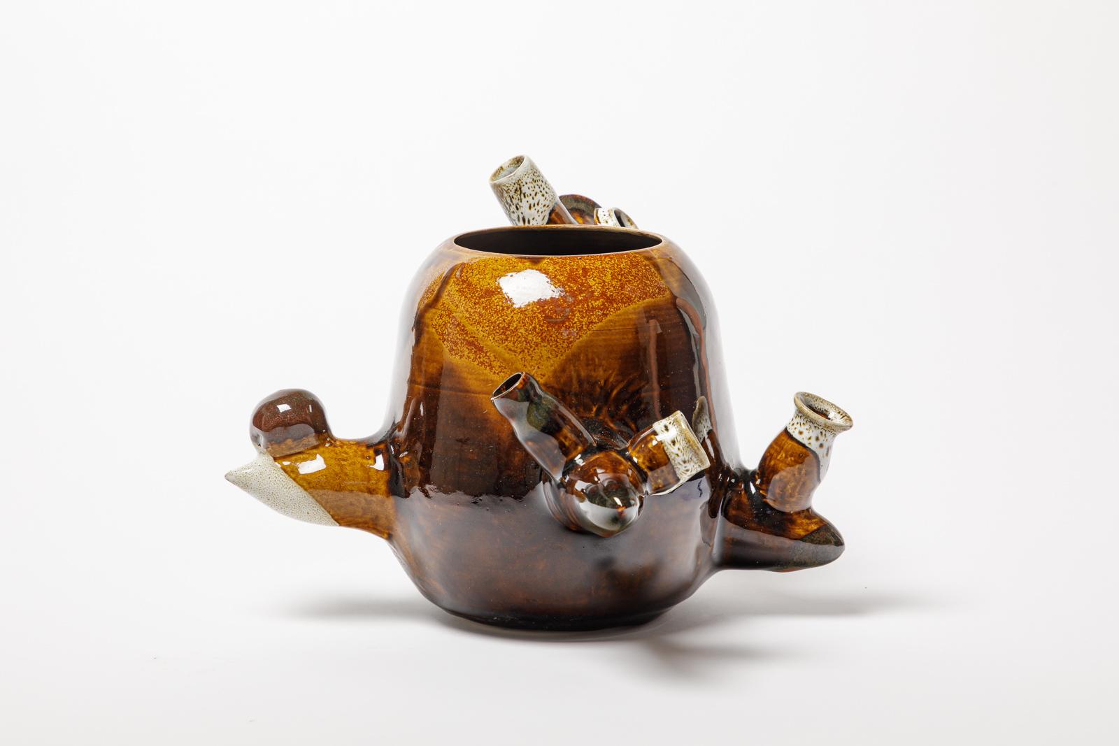 French Abstract white and brown sonteware ceramic vase or pot free form by ATOI c. 2010 For Sale