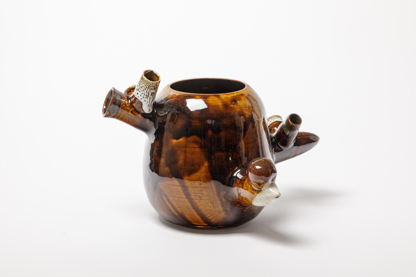 Contemporary Abstract white and brown sonteware ceramic vase or pot free form by ATOI c. 2010 For Sale