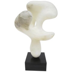 Abstract White Marble Sculpture on Black Swivel Base