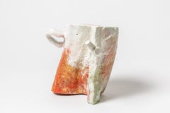 Sculpture abstraite en céramique de couleur blanche, orange et rouge de Laurent Petit French