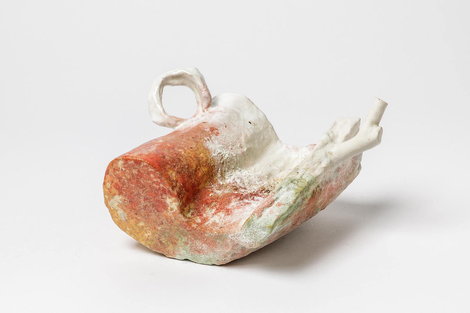 Contemporary Abstract White, Orange and Red Colored Ceramic Sculpture by Laurent Petit French For Sale