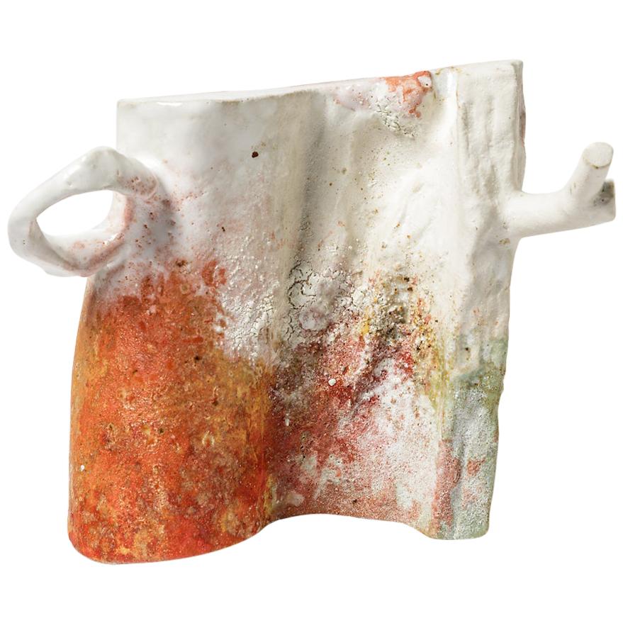 Abstract White, Orange and Red Colored Ceramic Sculpture by Laurent Petit French