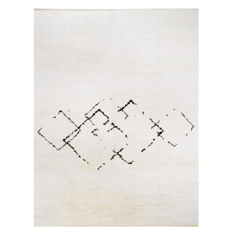 Abstract White Rug of Black Design Handmade in Hemp