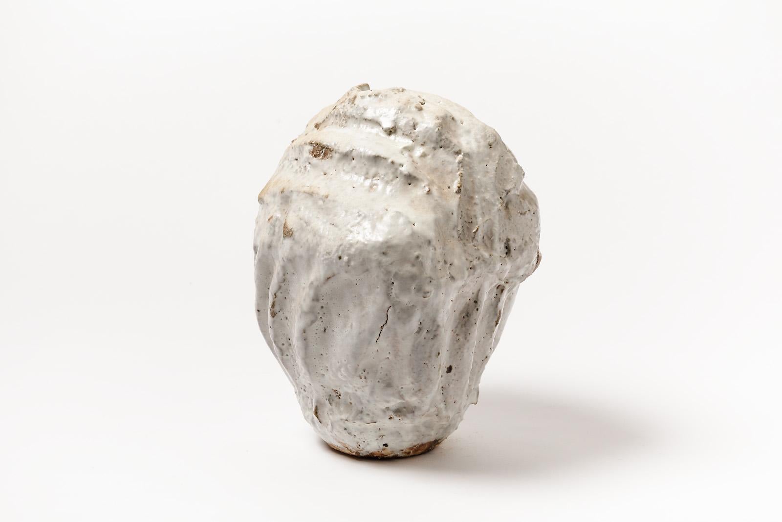 Mid-Century Modern Abstract White Stoneware Ceramic Vase or Sculpture by Hervé Rousseau La Borne