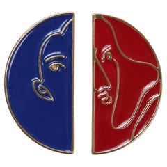 Abstract Women Lady Portrait Asymmetric Navy Red Semicircle Enamel Gold Earrings